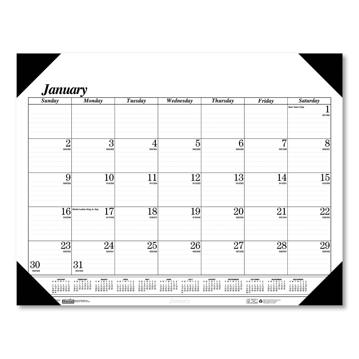 Recycled One-Color Dated Monthly Desk Pad Calendar, 18.5 x 13, White Sheets, Black Binding/Corners,12-Month (Jan-Dec): 2024 -