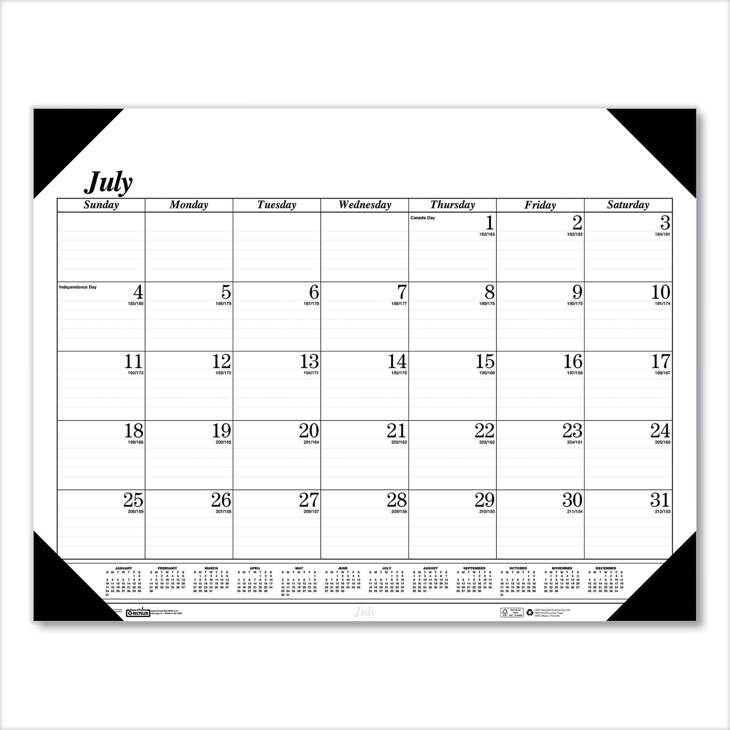 Recycled Economy Academic Desk Pad Calendar, 22 x 17, White/Black Sheets, Black Binding/Corners,14-Month(July-Aug): 2023-2024 -