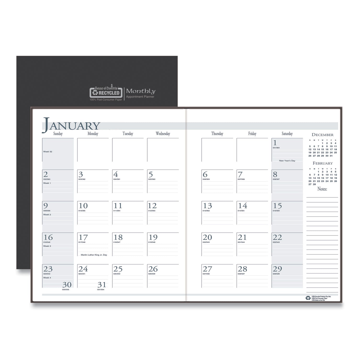 Recycled Ruled 14-Month Planner with Leatherette Cover, 11 x 8.5, Black Cover, 14-Month (Dec to Jan): 2023 to 2025 - 1