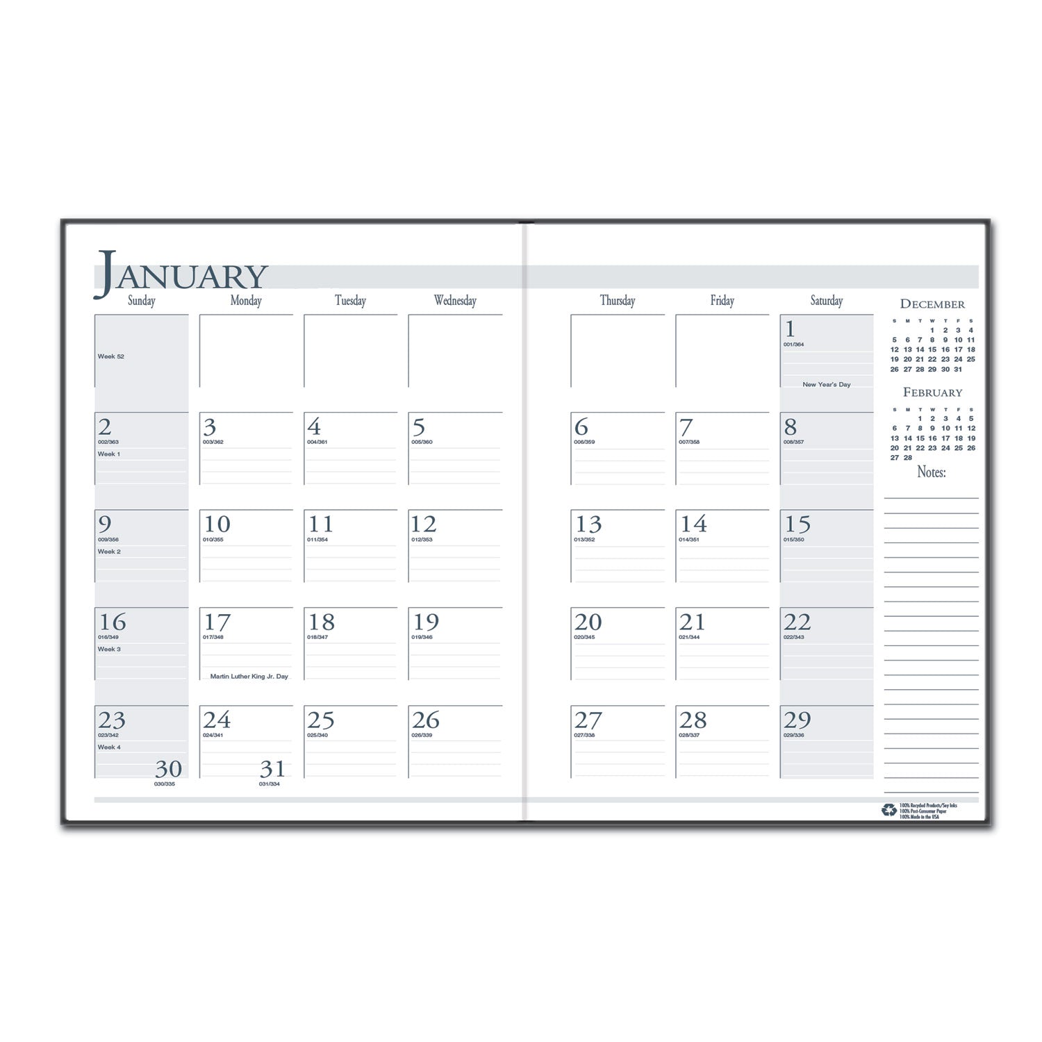 Recycled Ruled 14-Month Planner with Leatherette Cover, 11 x 8.5, Black Cover, 14-Month (Dec to Jan): 2023 to 2025 - 2