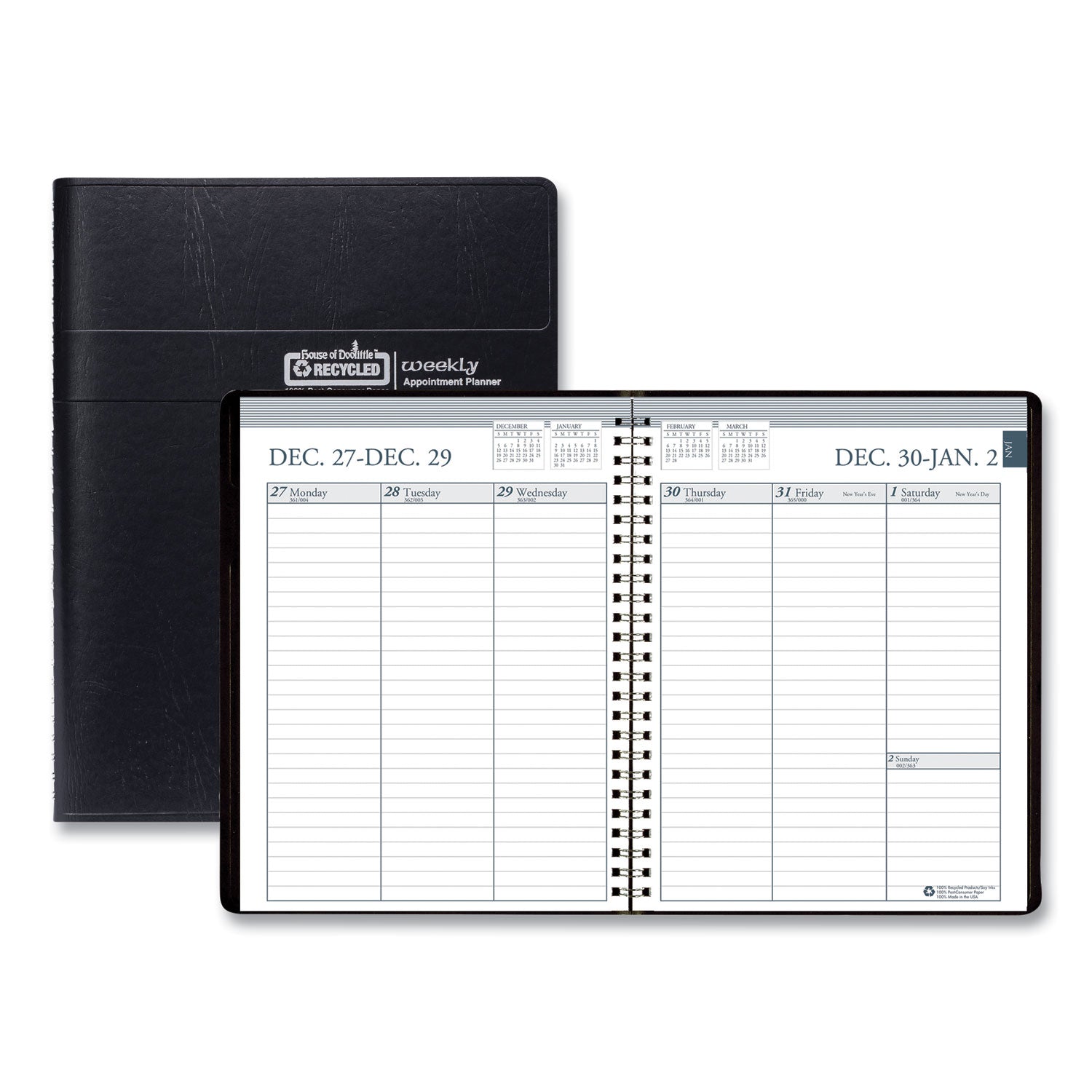 Recycled Weekly Appointment Book Ruled without Appointment Times, 8.75 x 6.88, Black Cover, 12-Month (Jan to Dec): 2024 -