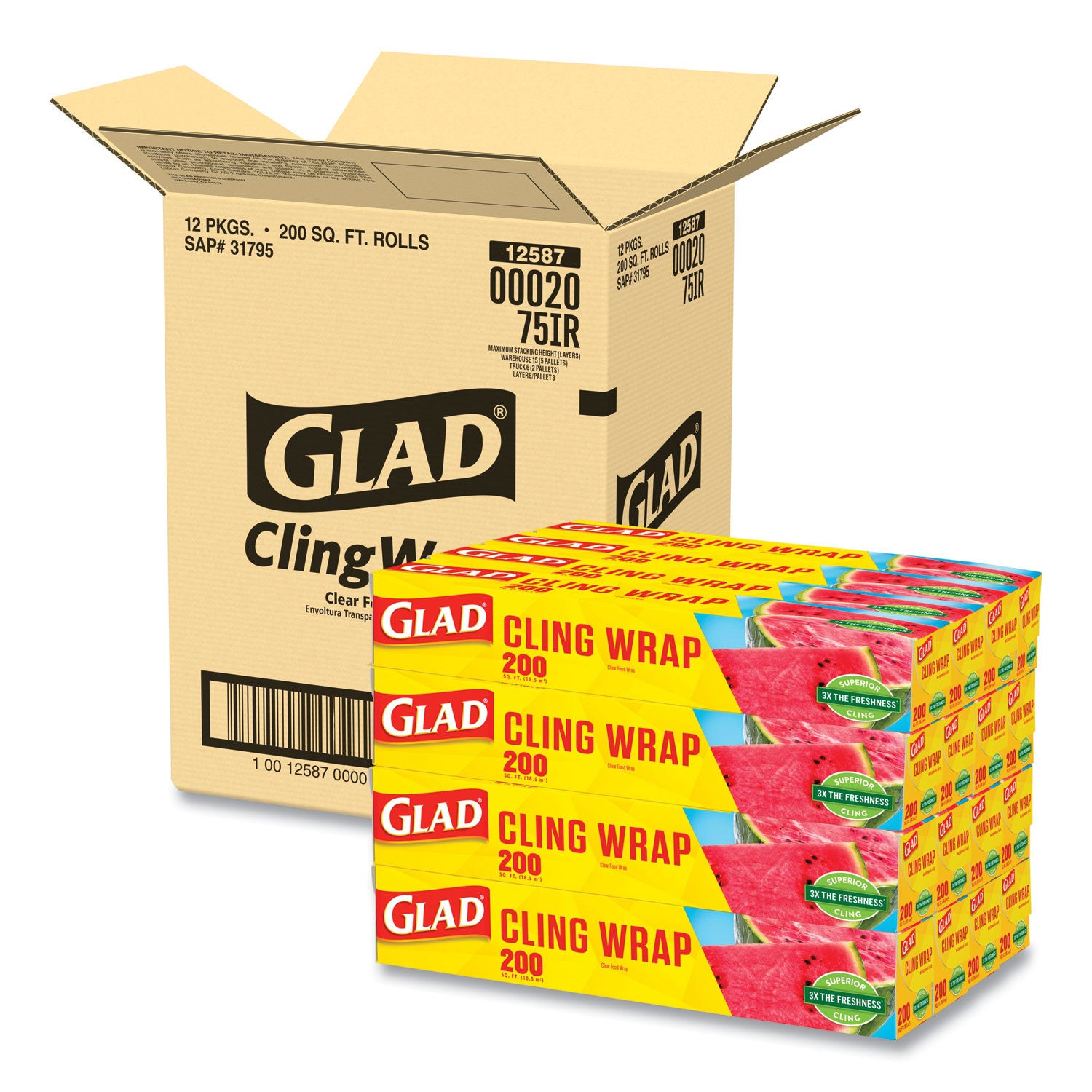 ClingWrap Plastic Wrap, 200 Square Foot Roll, Clear, 12 Rolls/Carton -