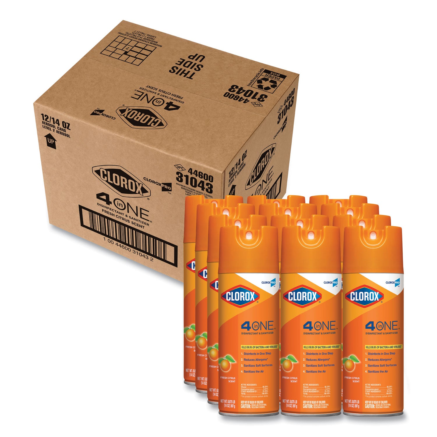 4-in-One Disinfectant and Sanitizer, Citrus, 14 oz Aerosol Spray, 12/Carton -