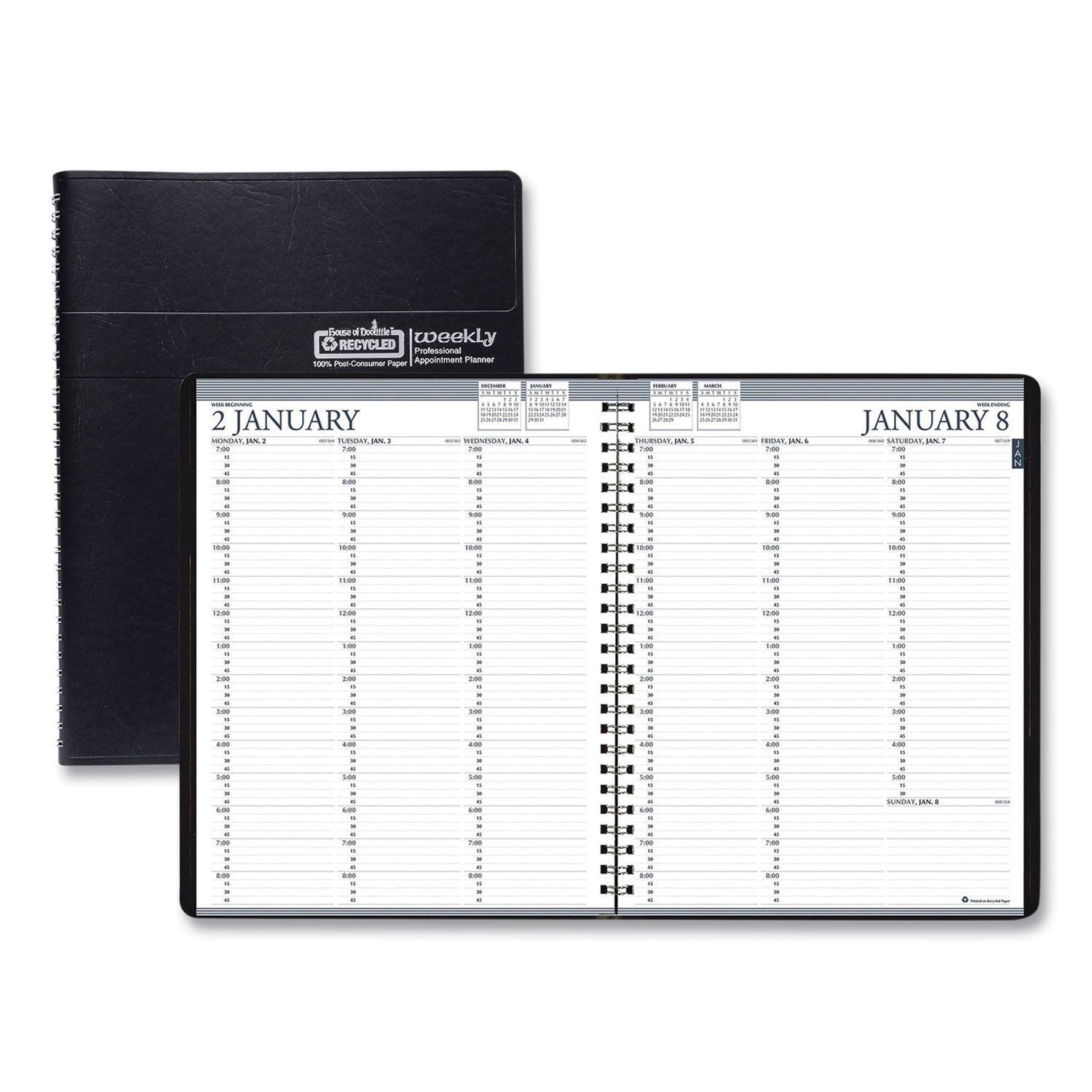 Recycled Professional Weekly Planner, 15-Minute Appts, 11 x 8.5, Black Wirebound Soft Cover, 12-Month (Jan to Dec): 2024 -