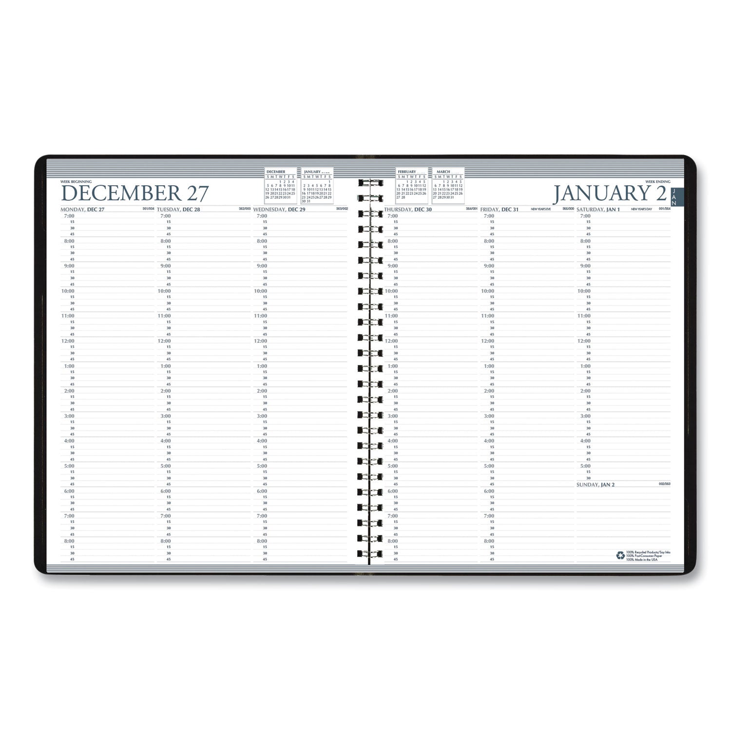 Recycled Professional Weekly Planner, 15-Minute Appts, 11 x 8.5, Black Wirebound Soft Cover, 12-Month (Jan to Dec): 2024 -