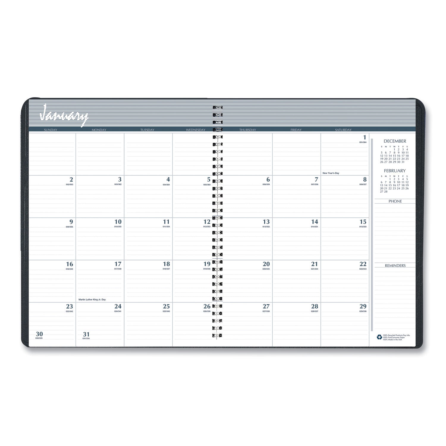 House of Doolittle Planner - Julian Dates - 5.2 Year - December - January - 1 Month Double Page Layout - Spiral Bound - Black - Black - 11" Height x 8.5" Width - Dated Planning Page, Ruled Daily Block, Holiday Listing, Reminder Section, Phone Log Pag - 2