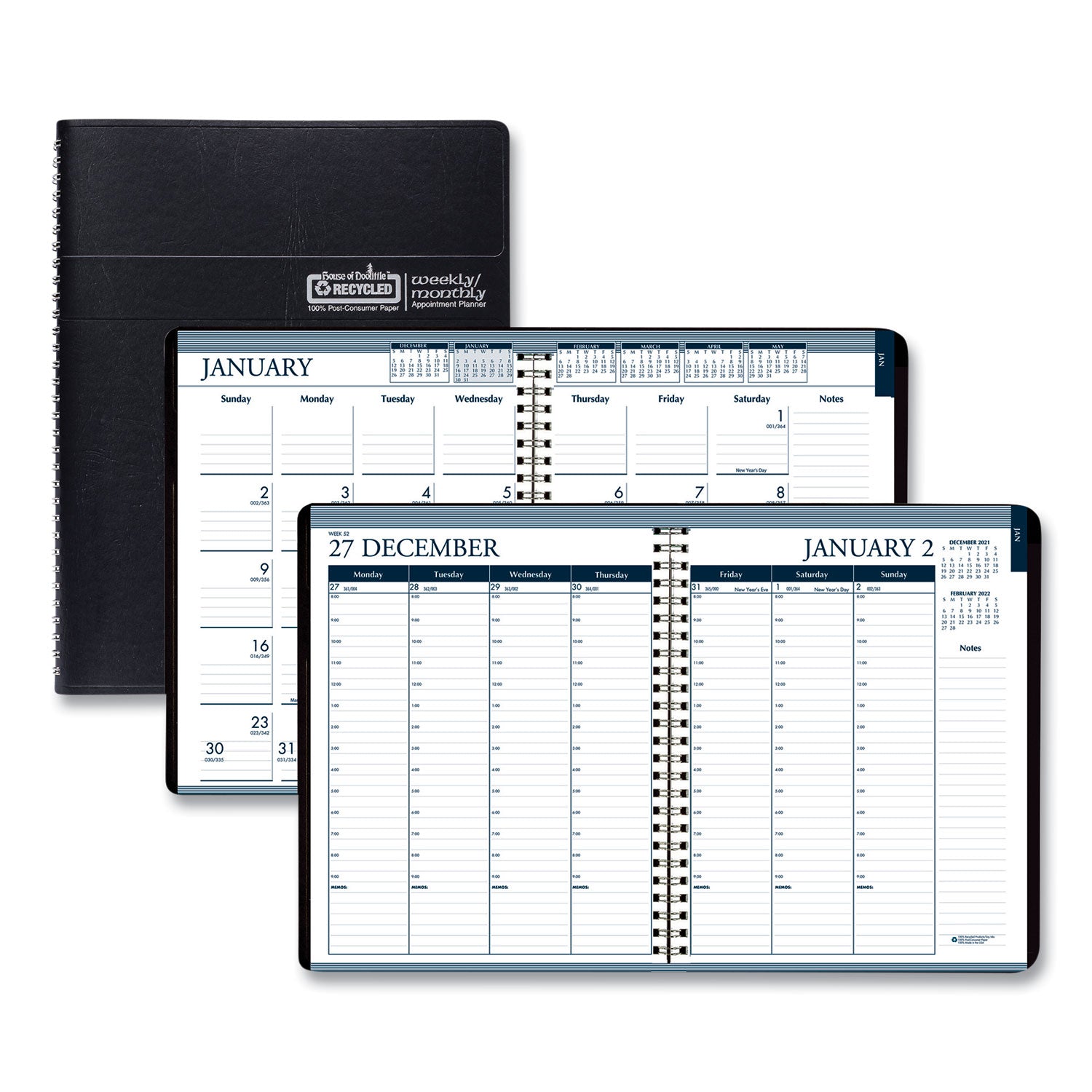 Recycled Wirebound Weekly/Monthly Planner, 11 x 8.5, Black Cover, 12-Month (Jan to Dec): 2024 -