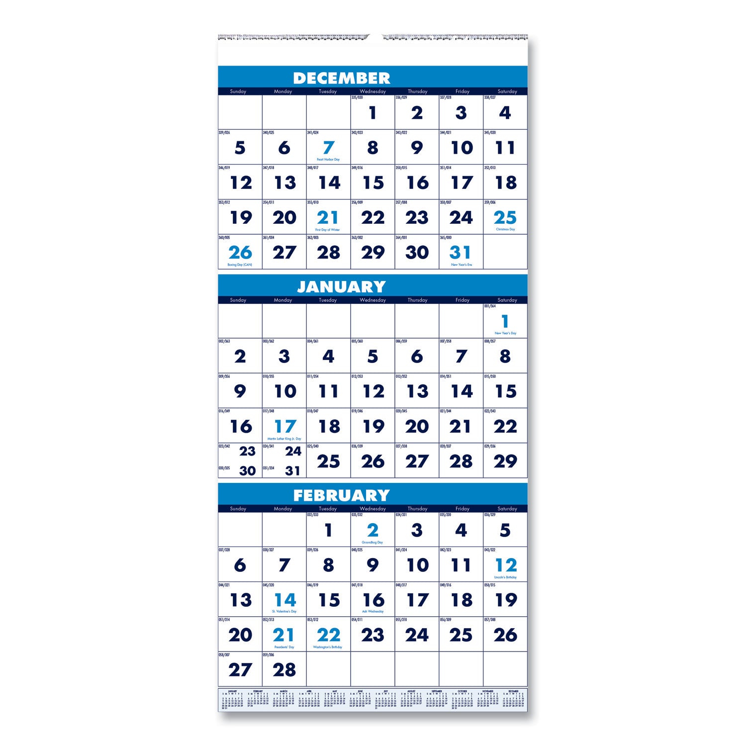 Recycled Three-Month Format Wall Calendar, Vertical Orientation, 8 x 17, White Sheets, 14-Month (Dec to Jan): 2023 to 2025 -