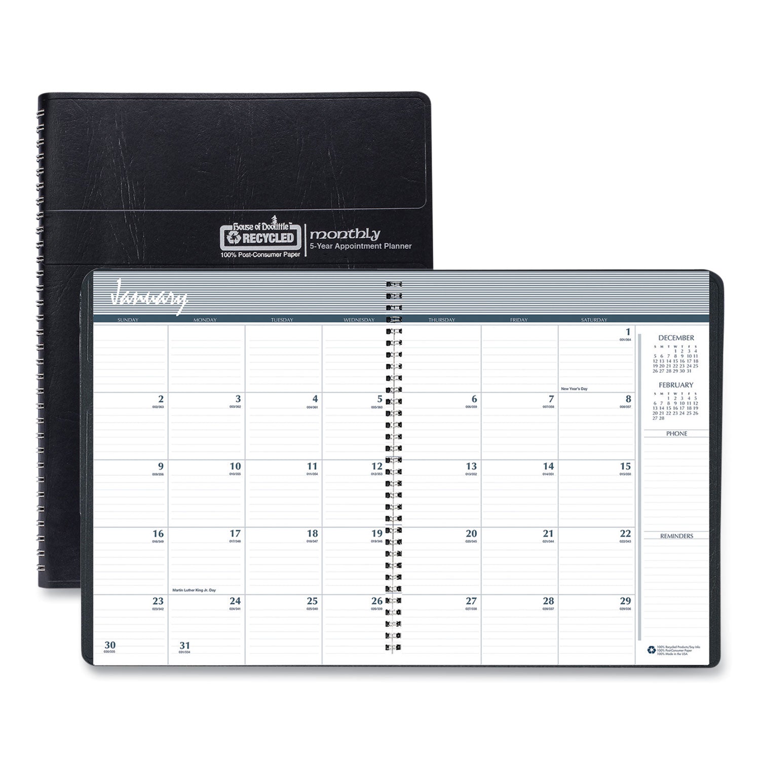 House of Doolittle Planner - Julian Dates - 5.2 Year - December - January - 1 Month Double Page Layout - Spiral Bound - Black - Black - 11" Height x 8.5" Width - Dated Planning Page, Ruled Daily Block, Holiday Listing, Reminder Section, Phone Log Pag - 1