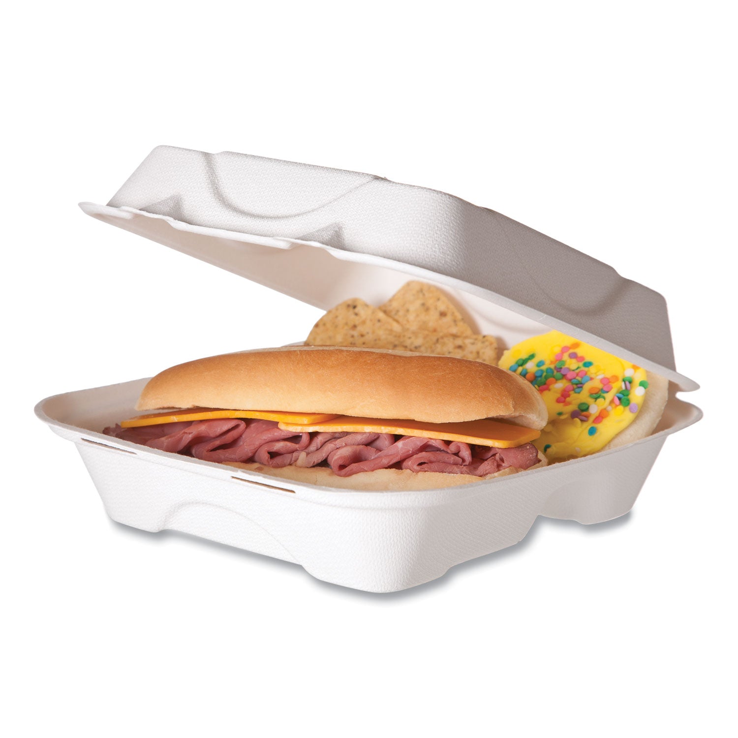 renewable-and-compostable-sugarcane-clamshells-3-compartment-8-x-8-x-3-white-50-pack-4-packs-carton_ecoephc83 - 1