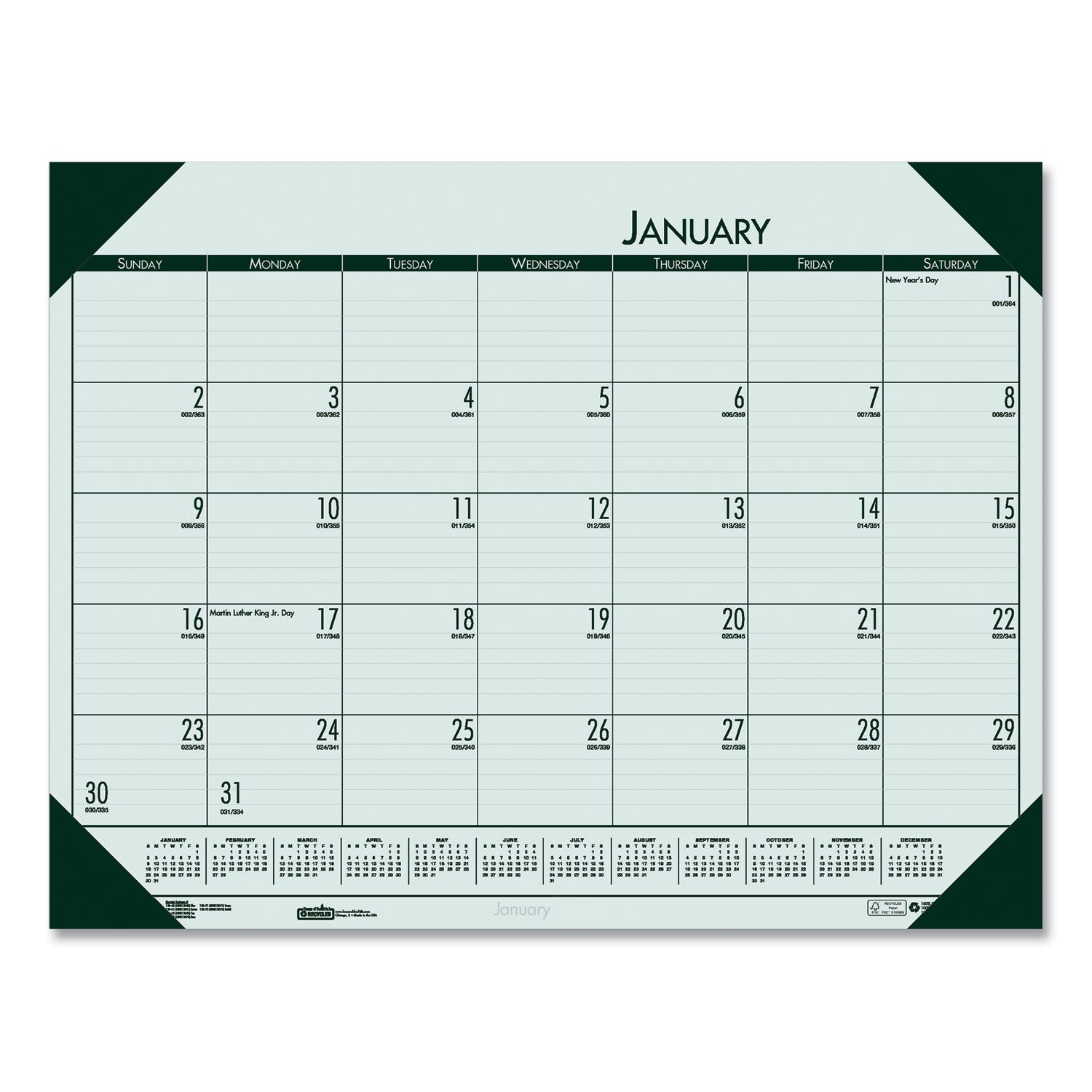 EcoTones Recycled Monthly Desk Pad Calendar, 22 x 17, Green-Tint/Woodland Green Sheets/Corners, 12-Month (Jan to Dec): 2024 -
