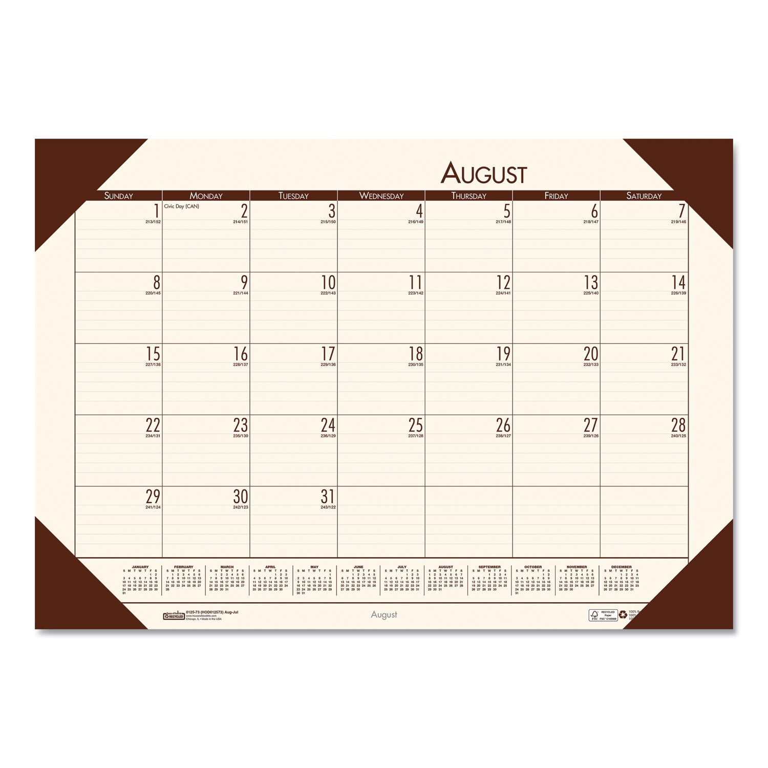 EcoTones Recycled Academic Desk Pad Calendar, 18.5 x 13, Cream Sheets, Brown Corners, 12-Month (Aug to July): 2023 to 2024 -