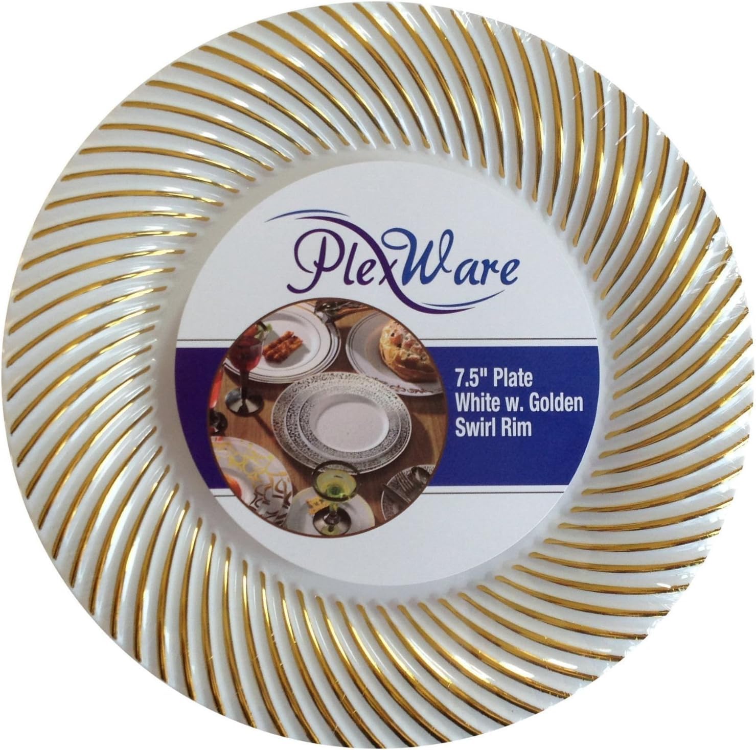 7.5" Round White Plates with Golden Swirl Rim, 5/Pack, 24/Case