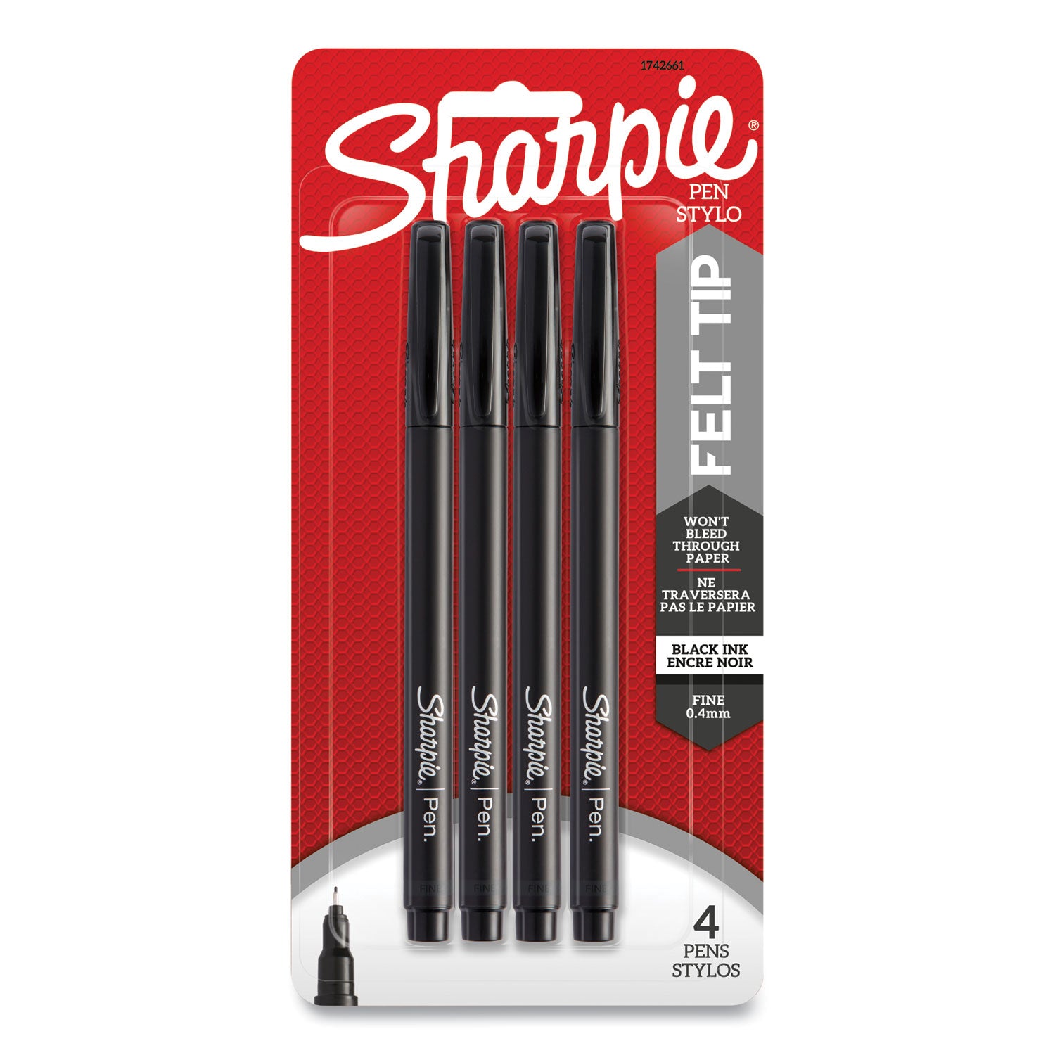 Water-Resistant Ink Porous Point Pen, Stick, Fine 0.4 mm, Black Ink, Black Barrel, 4/Pack -