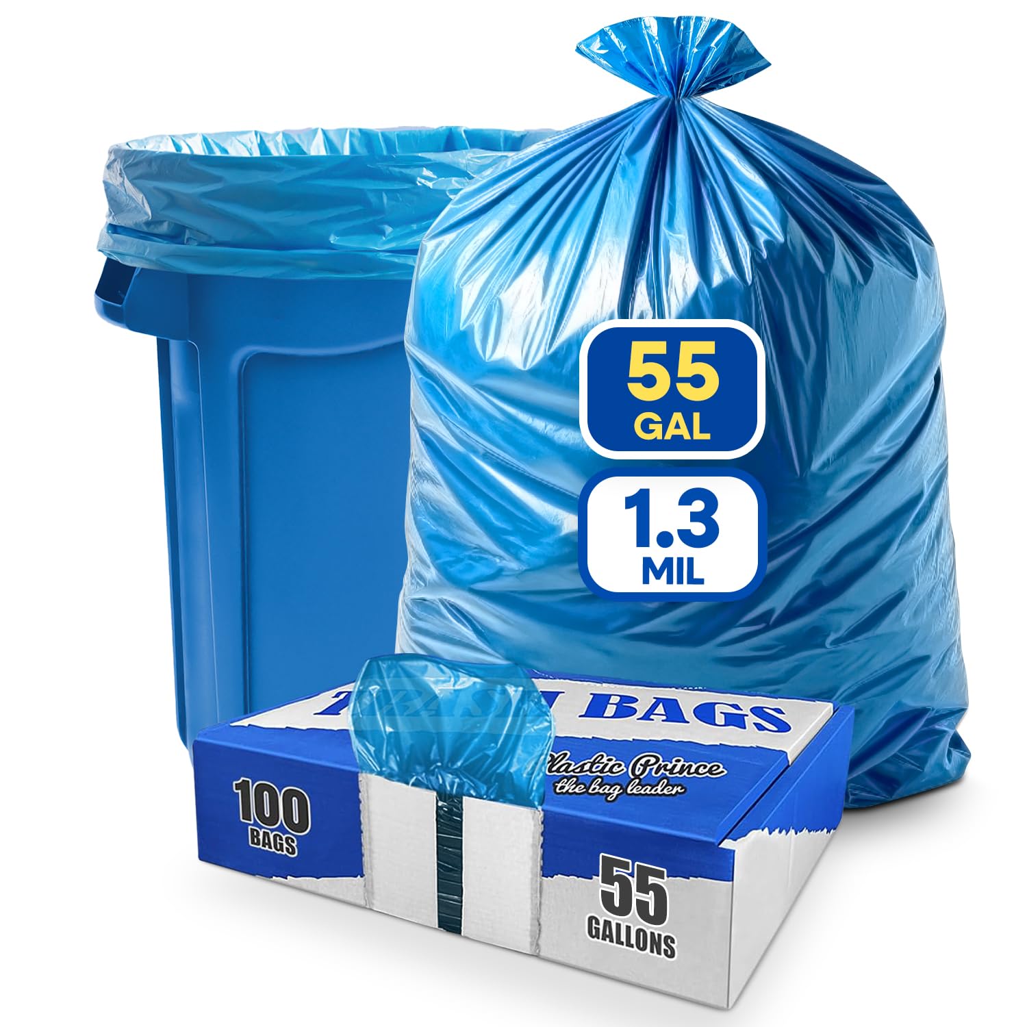 23" x 14" x 50" 55 Gal 3 Mil Blue Trash Bags, 100/Case