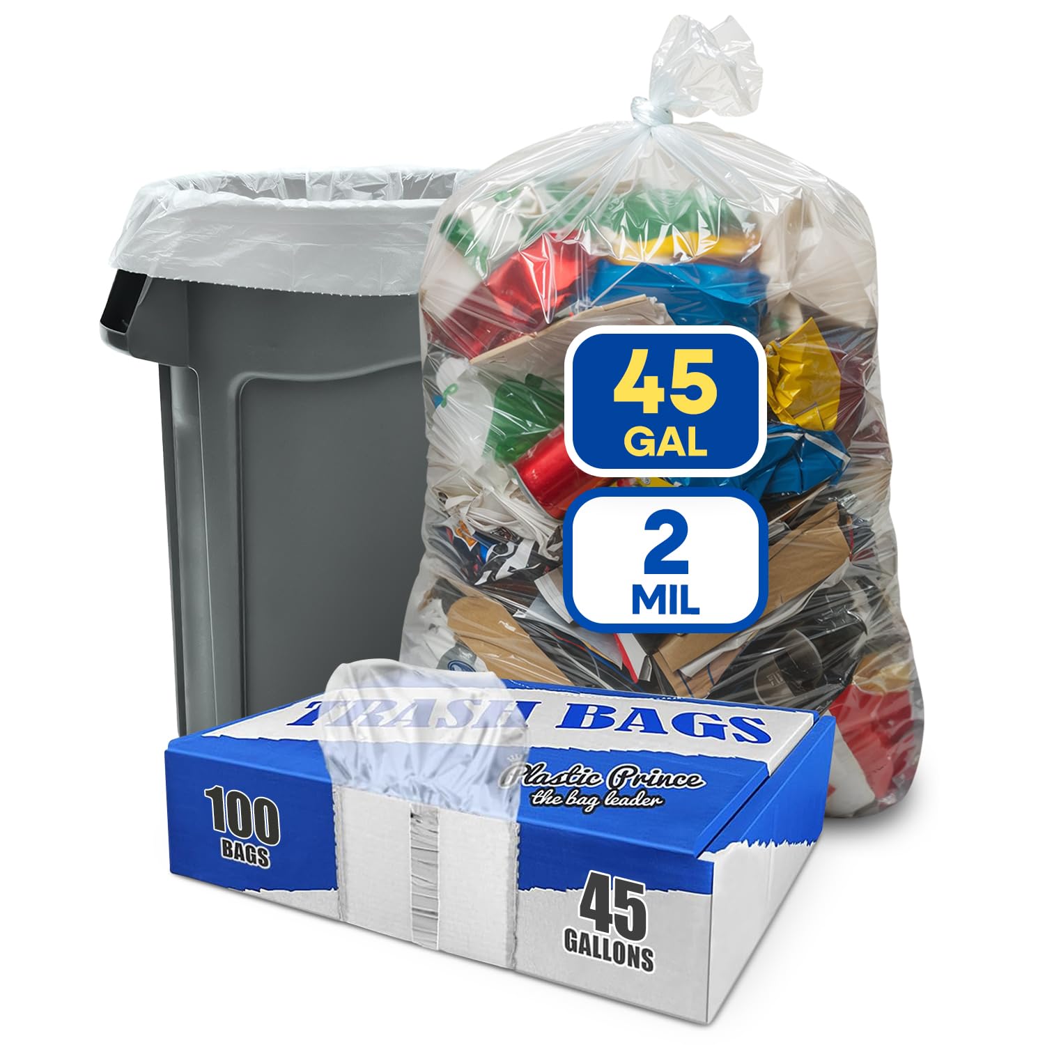 23" x 17" x 46" 45 Gal 3 Mil Clear Contractor Bags, 100/Case