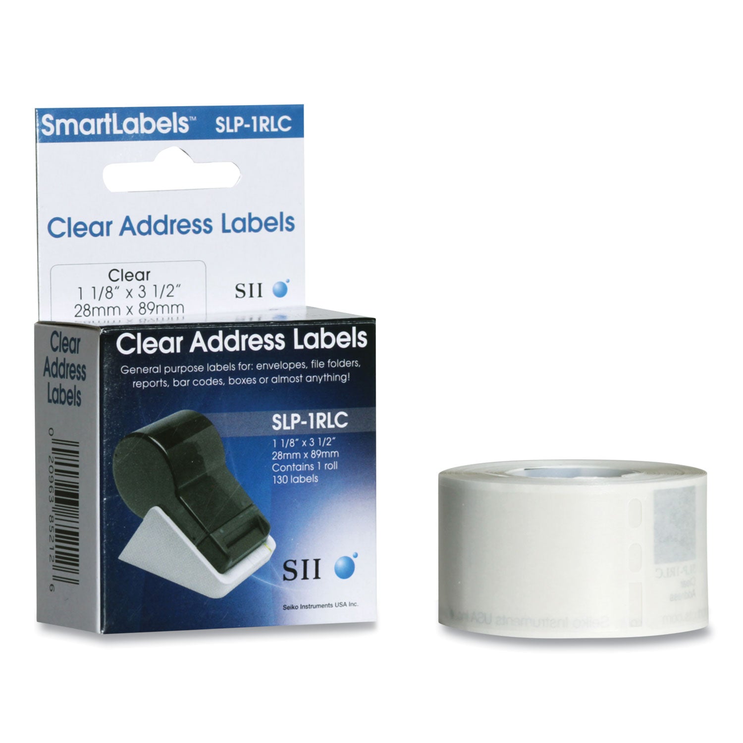 SLP-2RLC Self-Adhesive Address Labels, 1.12" x 3.5", Clear, 130 Labels/Roll, 2 Rolls/Box -