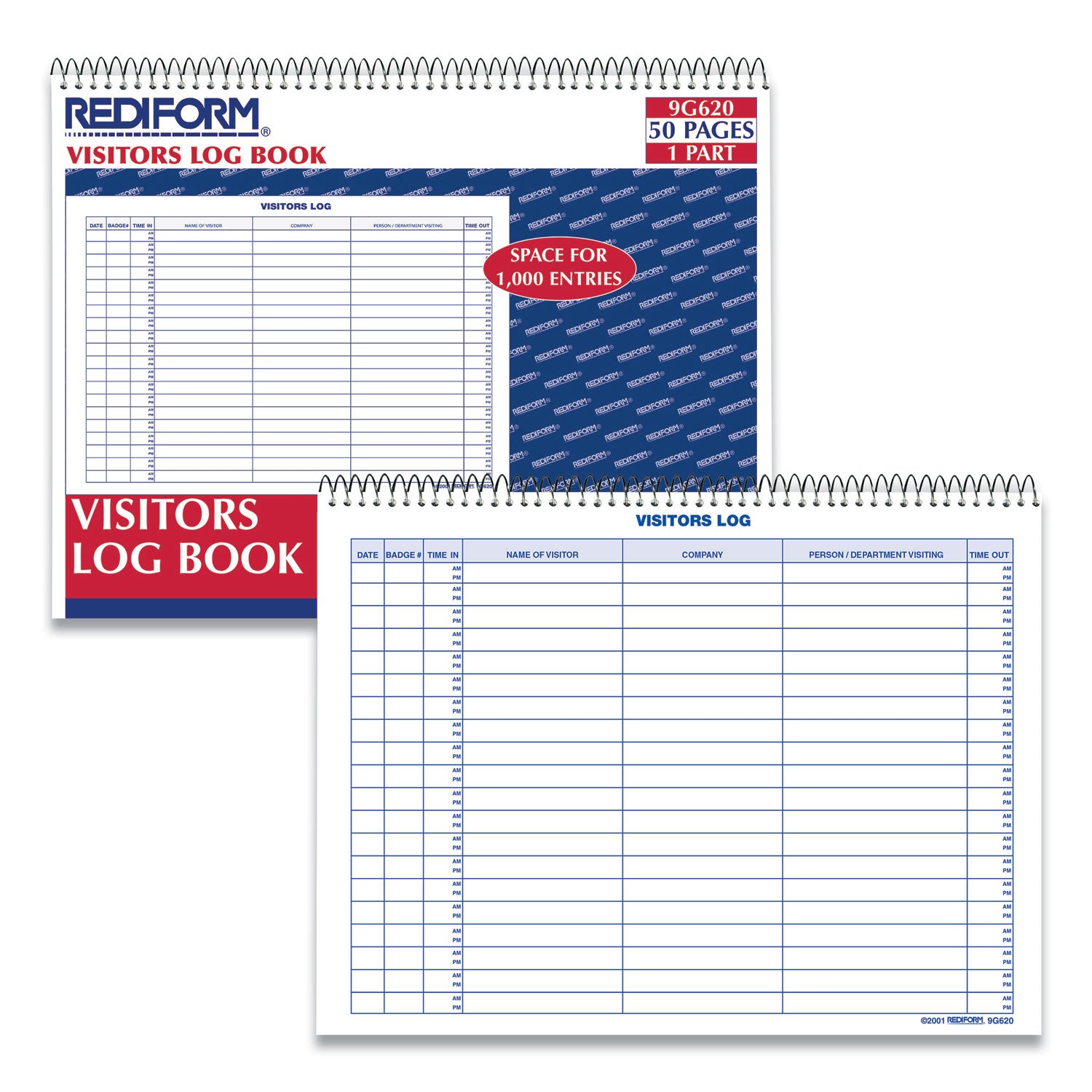 Visitors Log Book, Blue/White/Red Cover, 11 x 8.5 Sheets, 50 Sheets/Book -