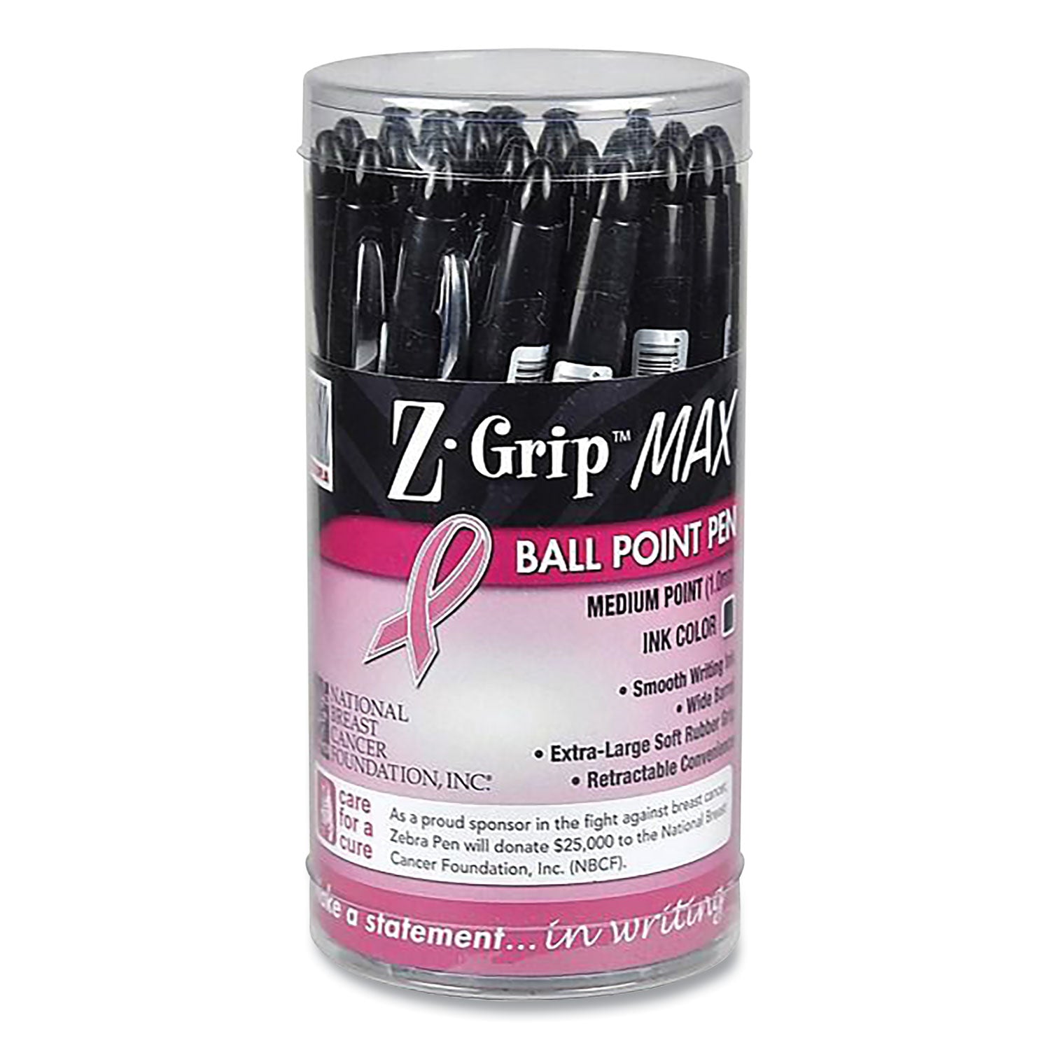 z-grip-max-breast-cancer-awareness-ballpoint-pen-retractable-bold-12-mm-black-ink-silver-black-barrel-24-pack_zeb32577 - 1
