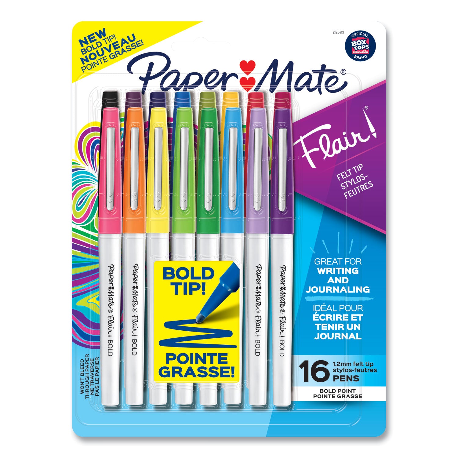 flair-felt-tip-porous-point-pen-stick-bold-12-mm-assorted-ink-colors-white-pearl-barrel-16-pack_pap2125413 - 1