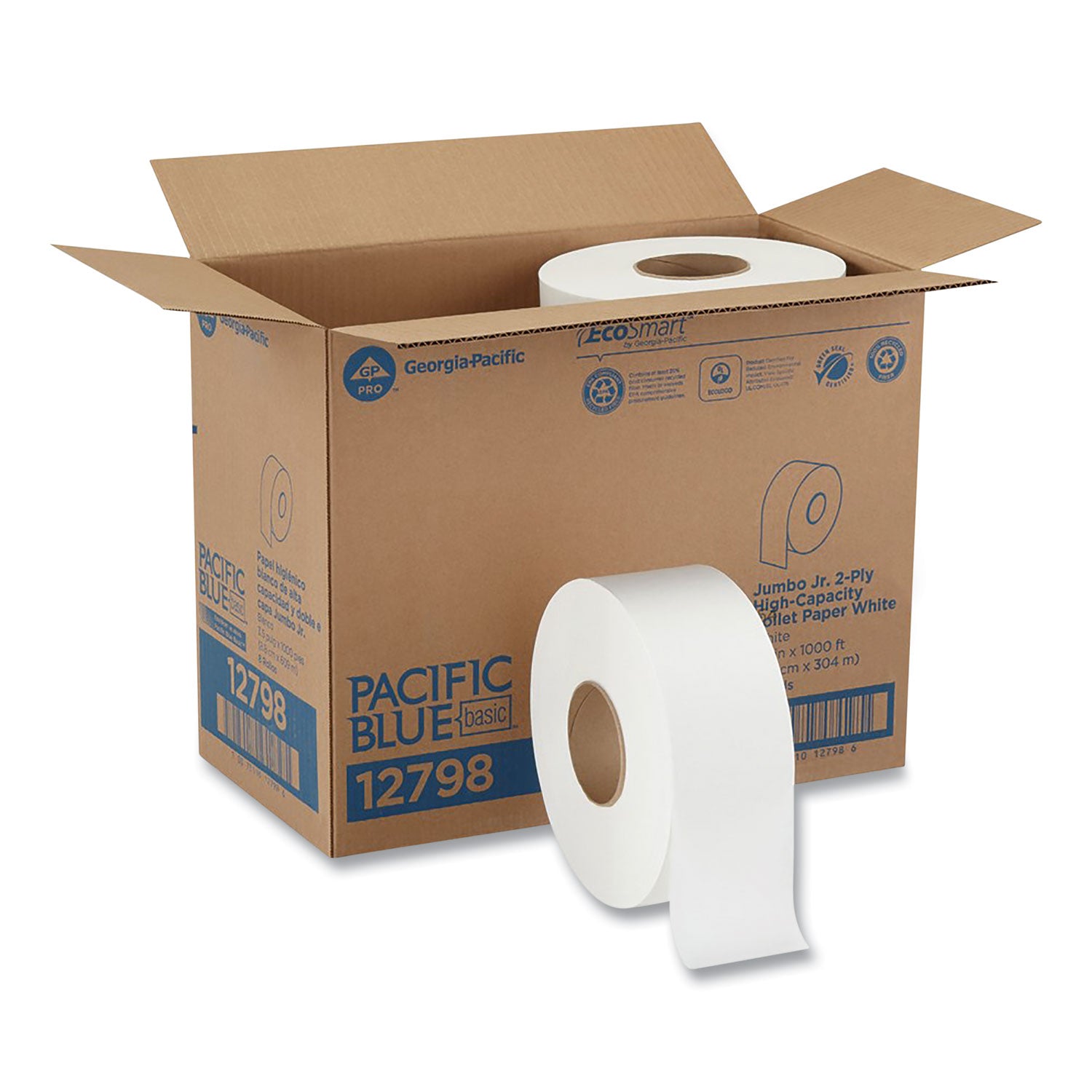 Jumbo Jr. Bathroom Tissue Roll, Septic Safe, 2-Ply, White, 3.5" x 1,000 ft, 8 Rolls/Carton -