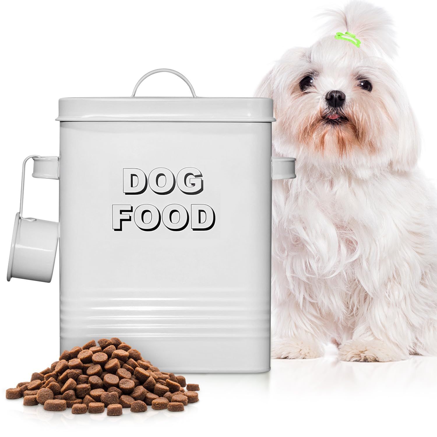 5 lb Square White Metal Pet Food Storage Container with Handles and Scoop