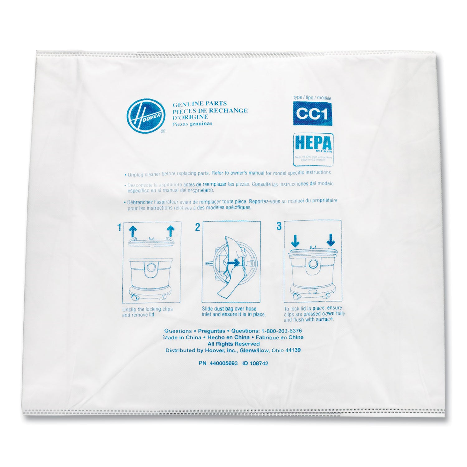 Disposable Vacuum Bags, HEPA CC1, 10/Pack -