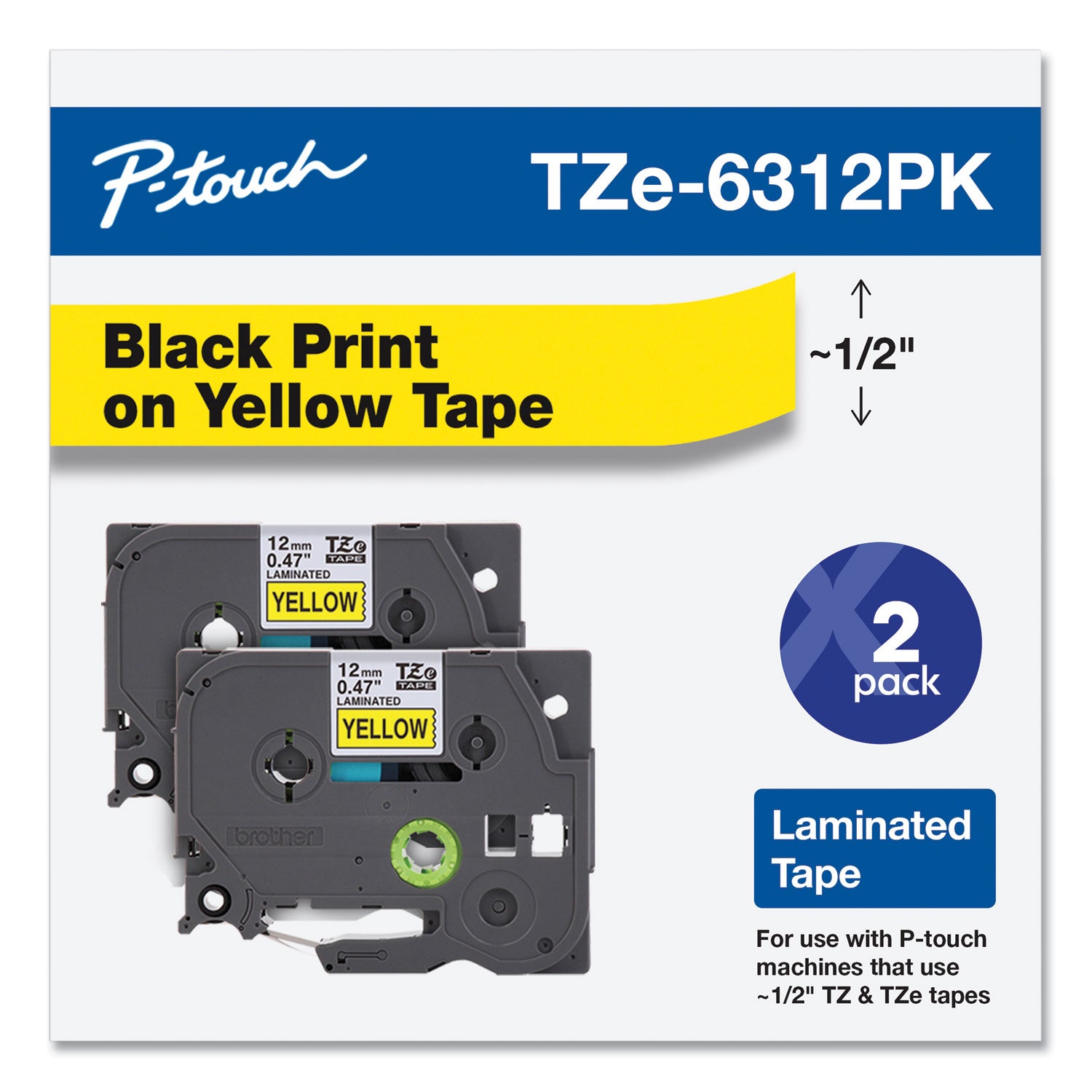 tze-standard-adhesive-laminated-labeling-tape-047-x-262-ft-black-on-yellow-2-pack_brttze6312pk - 2