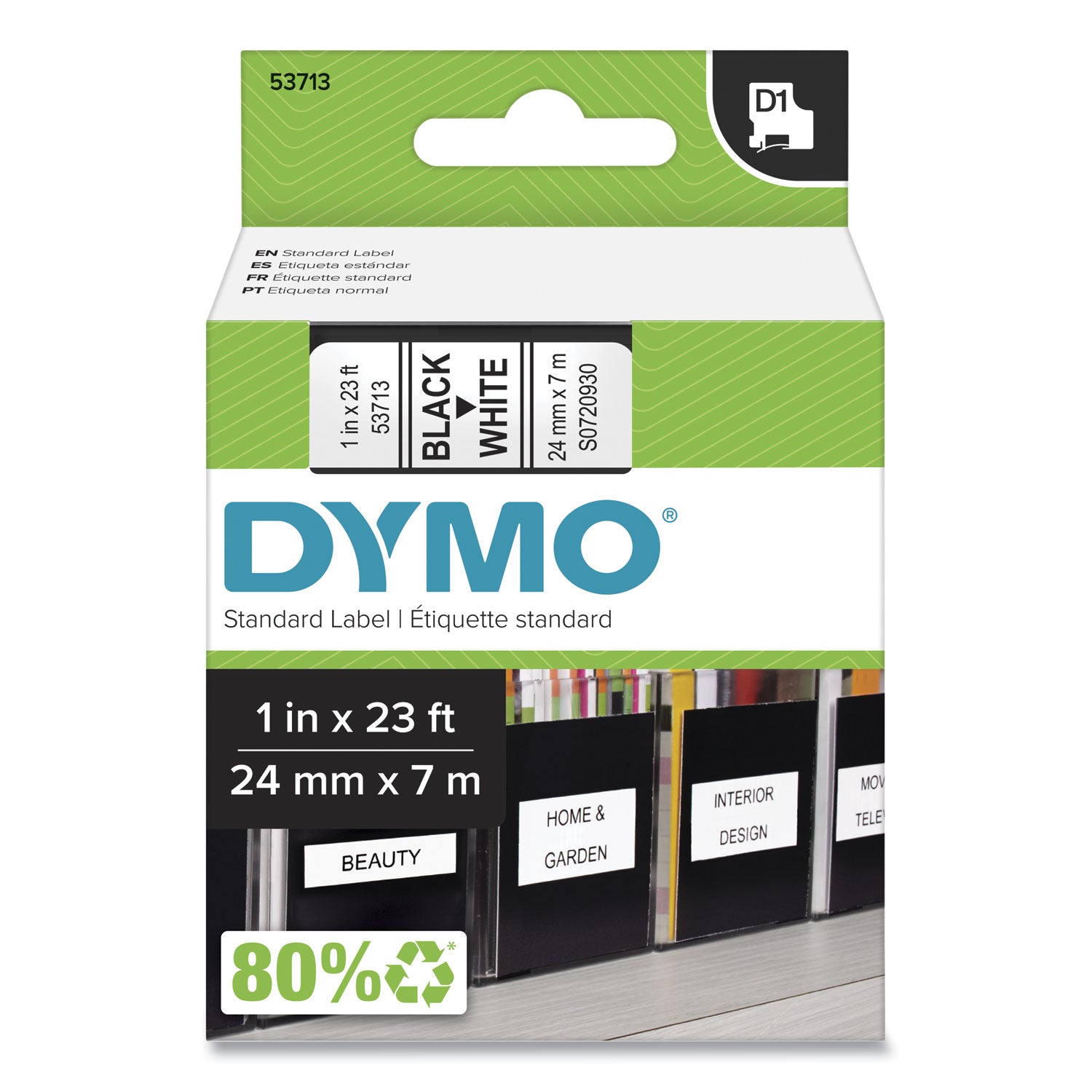 D1 High-Performance Polyester Removable Label Tape, 1" x 23 ft, Black on White -