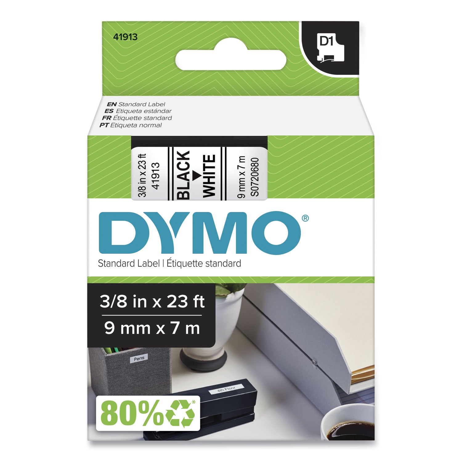 D1 High-Performance Polyester Removable Label Tape, 0.37" x 23 ft, Black on White -