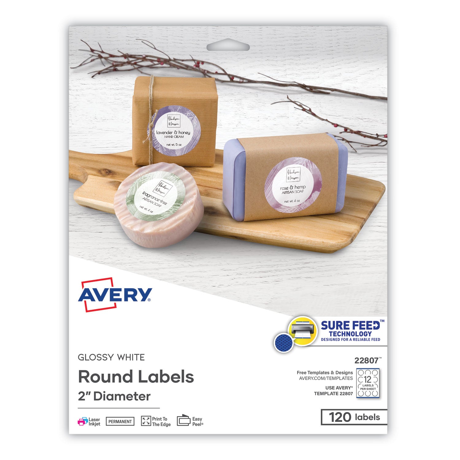 Round Print-to-the Edge Labels with Sure Feed and Easy Peel, 2" dia, Glossy White, 120/PK -