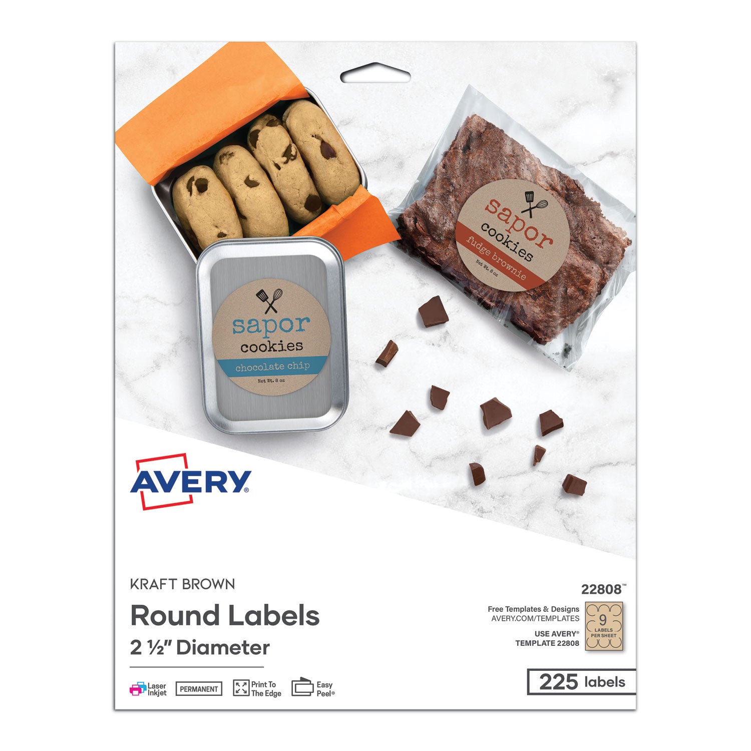 Round Brown Kraft Print-to-the-Edge Labels, 2.5" dia, 225/PK -