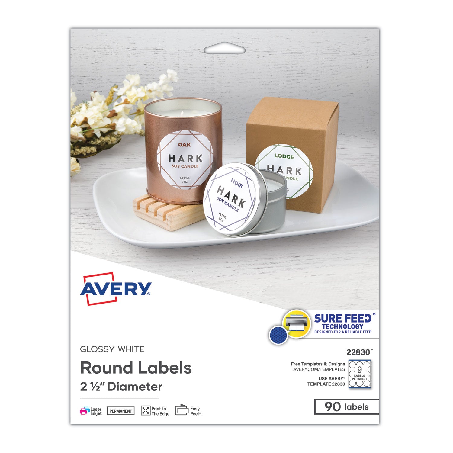 Round Print-to-the Edge Labels with SureFeed, 2.5" dia, Glossy White, 90/PK -