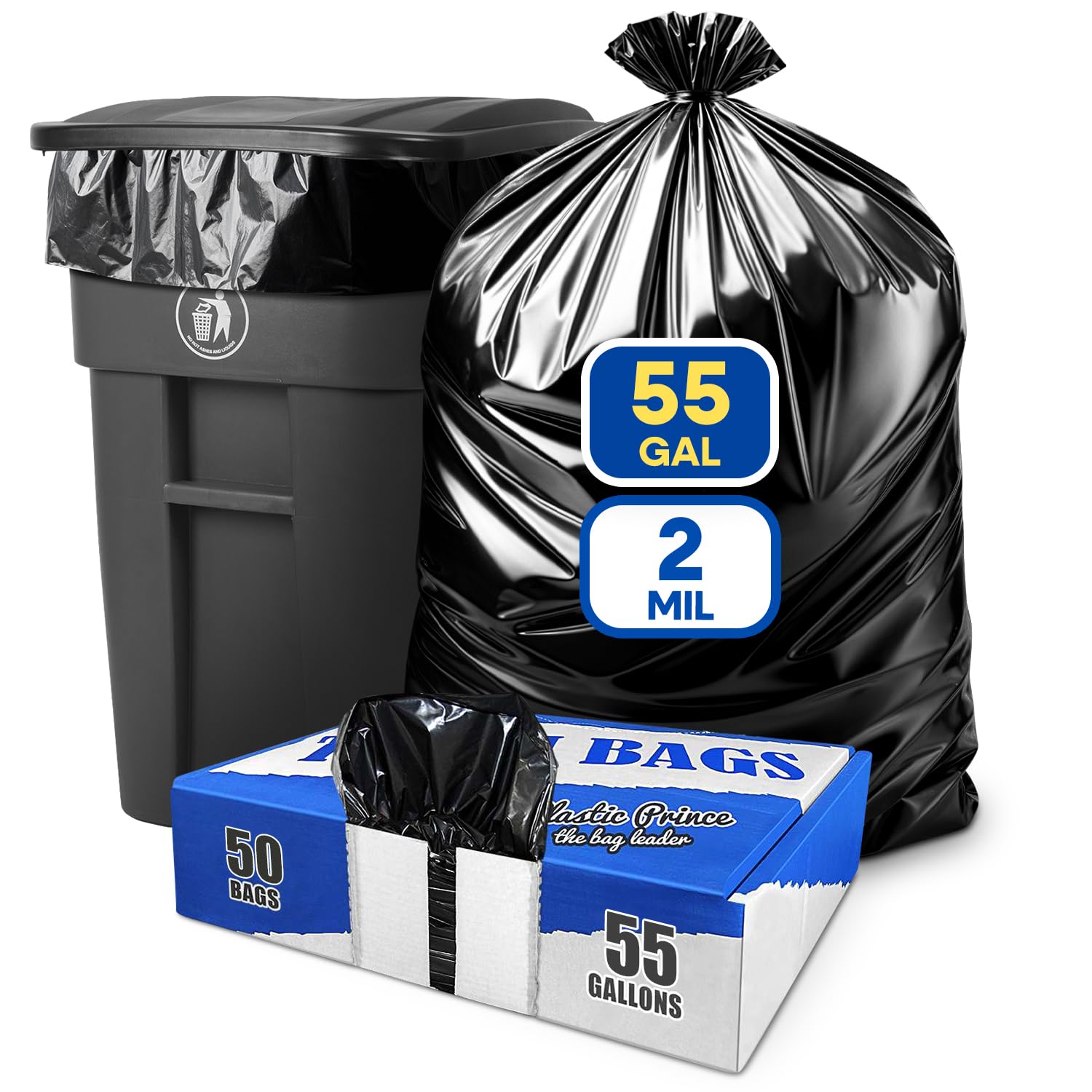 Plastic Prince 55-60 Gallon Trash Bags 2 Mil Heavy Duty Fits Rubbermaid Brute Round Square 32-55 gal Trash Cans 43" x 47" Large Durable Garbage Trash Can Liners, Black 50 of Pack