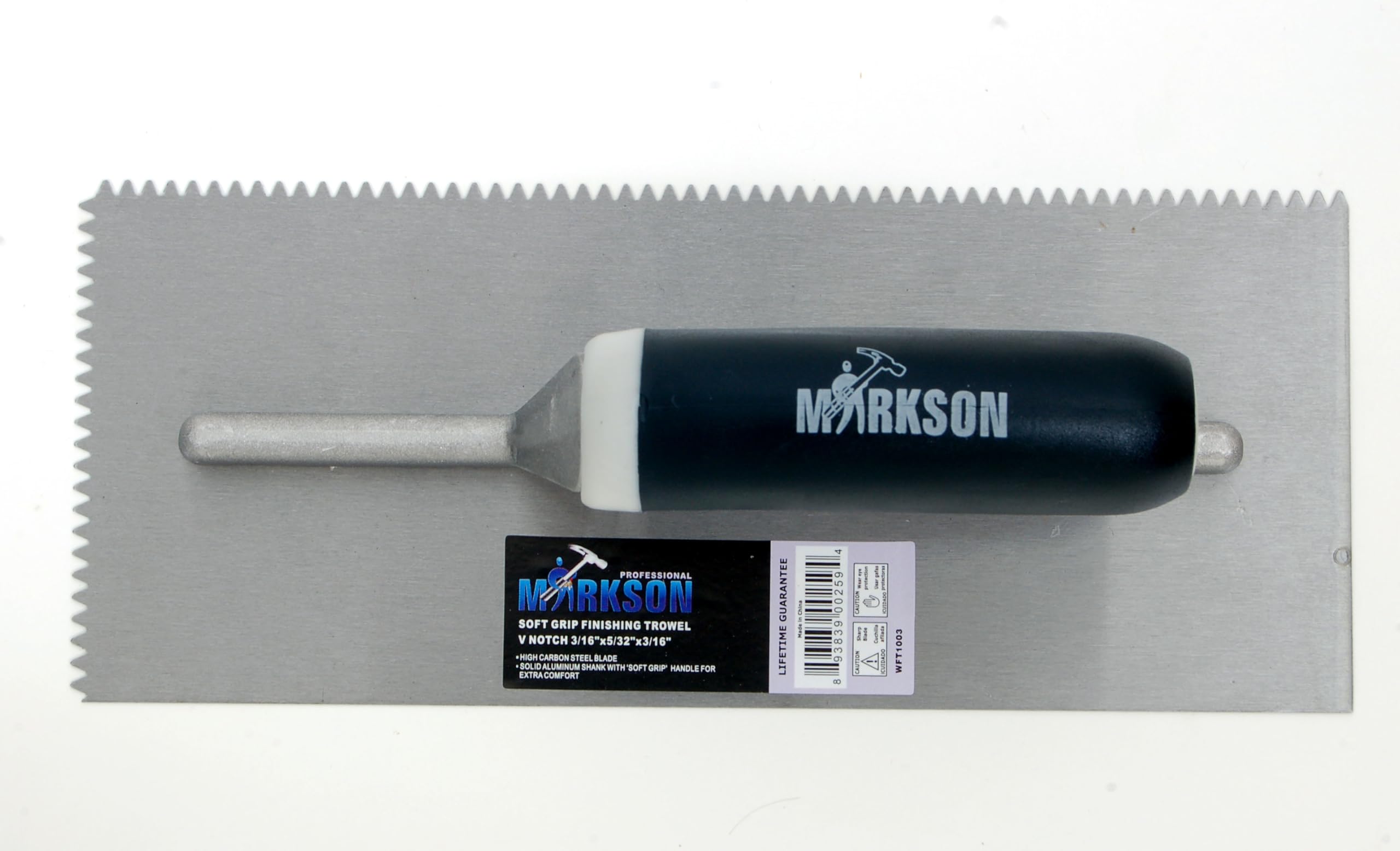 Soft Grip Handle High Carbon Steel Finishing Trowel, V-Notch 3/16" x 5/32" x 3/16"