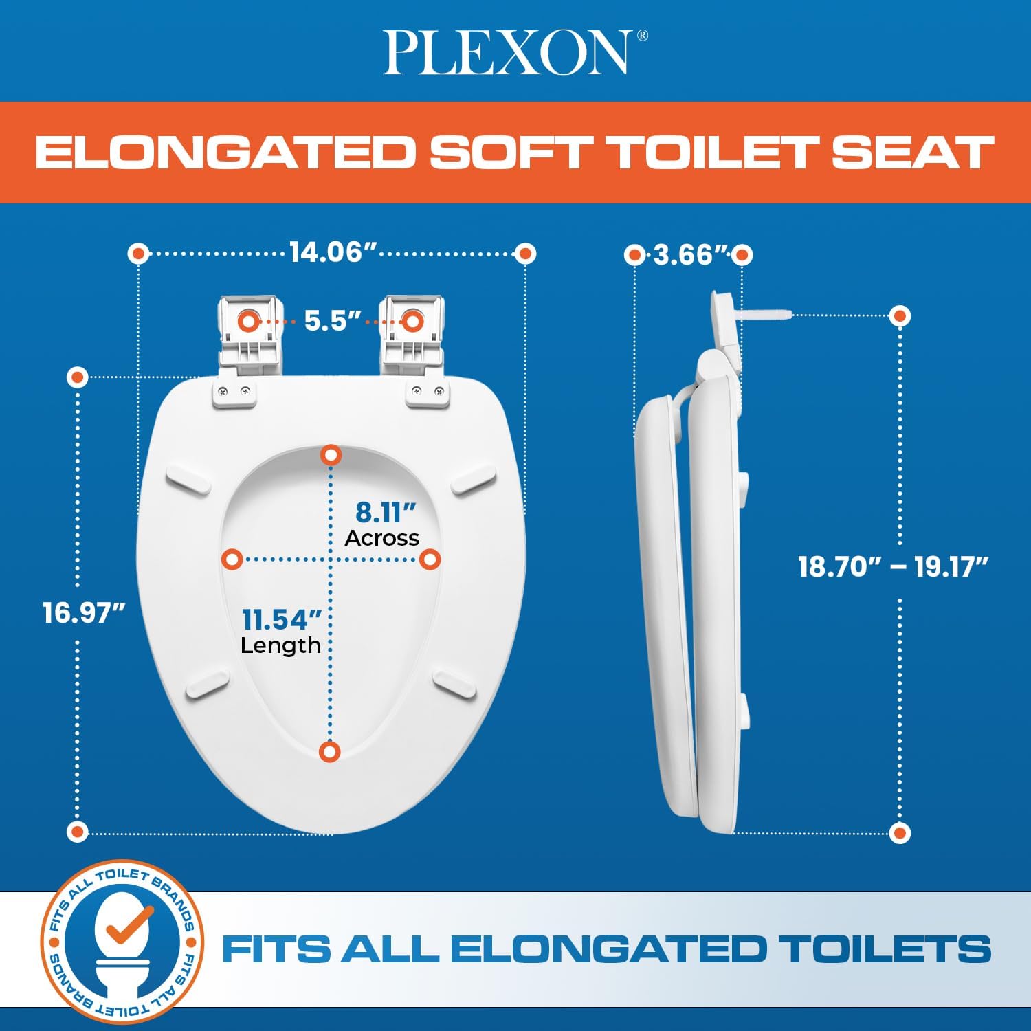 Plexon Soft Cushioned Toilet Seat, Elongated White, Slow-Close Lid & Seat, Quick-Release Hinge, Easy To Clean & Change
