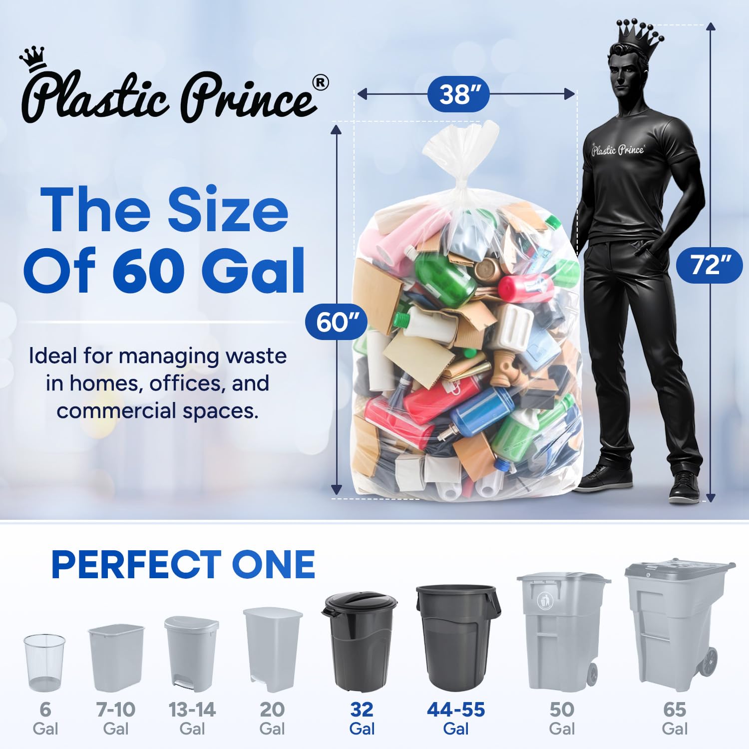 38" x 60", 60 Gallon, 12 Mic, Clear High-Density Can Liners, Perforated Coreless Rolls, 200/Case