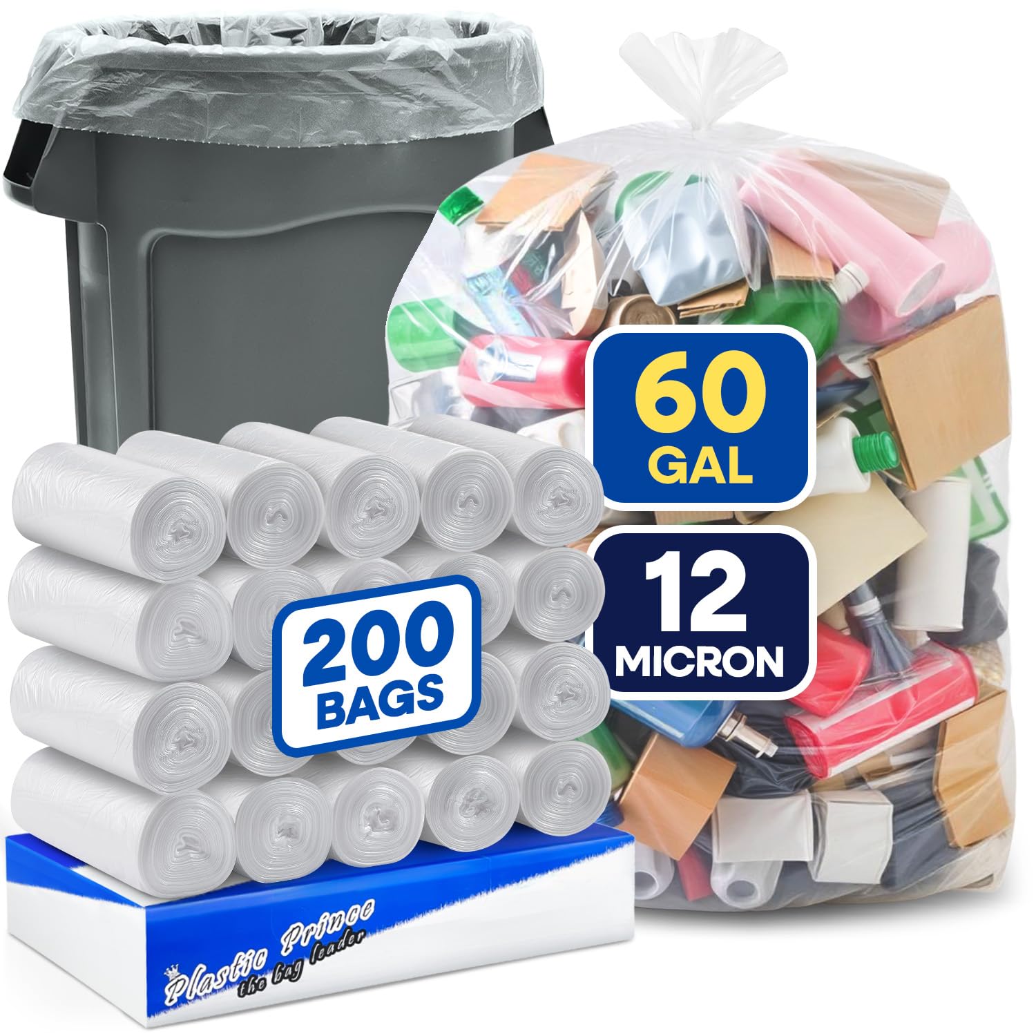 38" x 60", 60 Gallon, 12 Mic, Clear High-Density Can Liners, Perforated Coreless Rolls, 200/Case