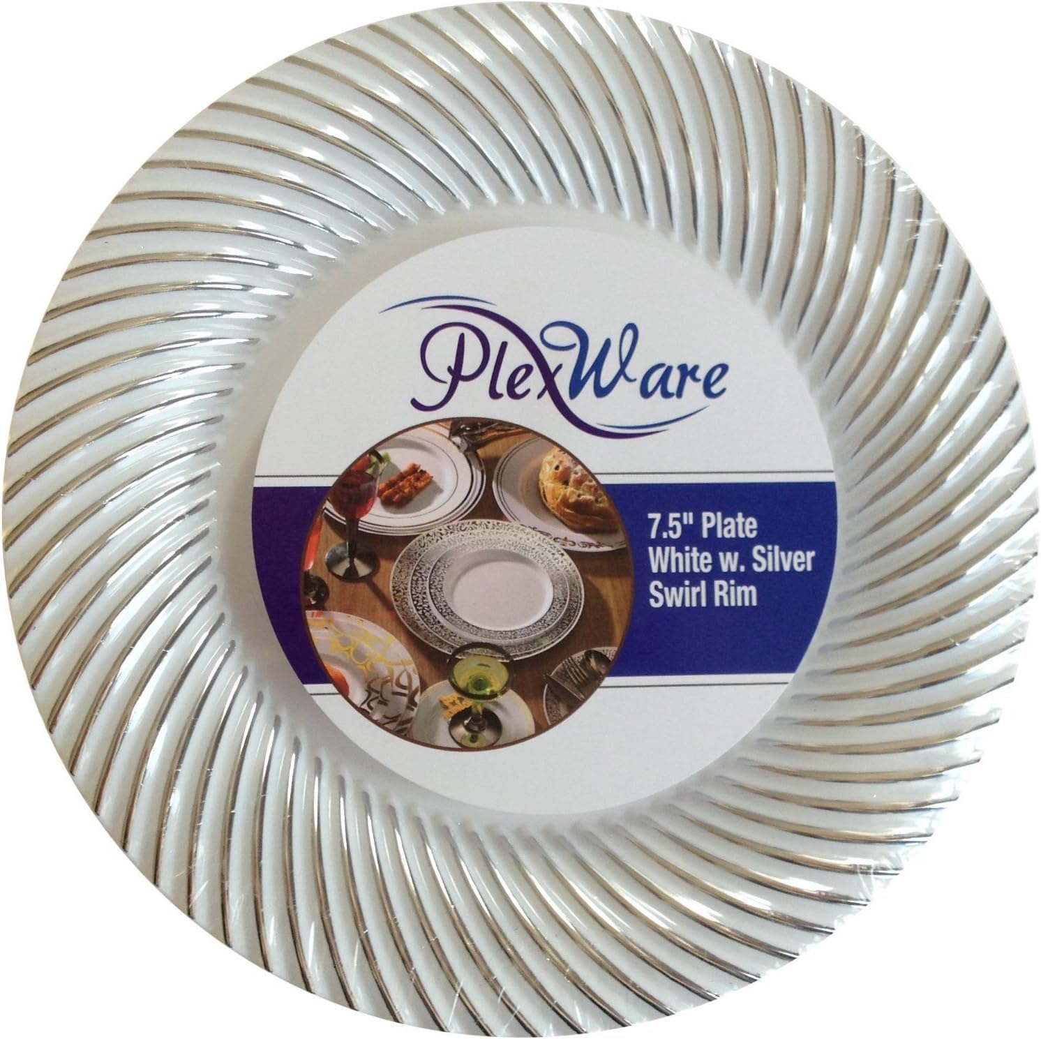 7.5" Round White Plates with Silver Swirl Rim, 5/Pack, 24/Case