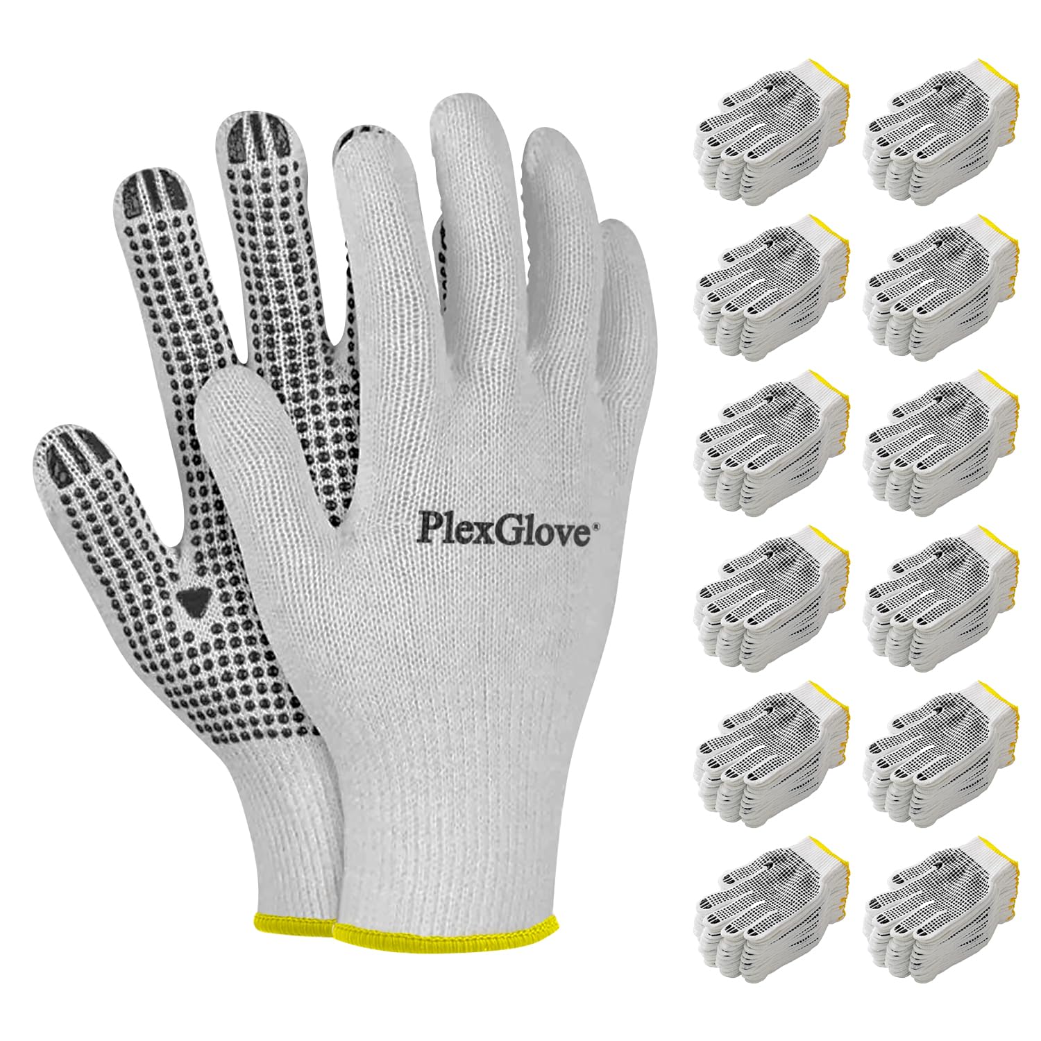 Size 9 Medium White String Knit Work Gloves with Black PVC Dots On Both Sides, 144 Pairs/Case