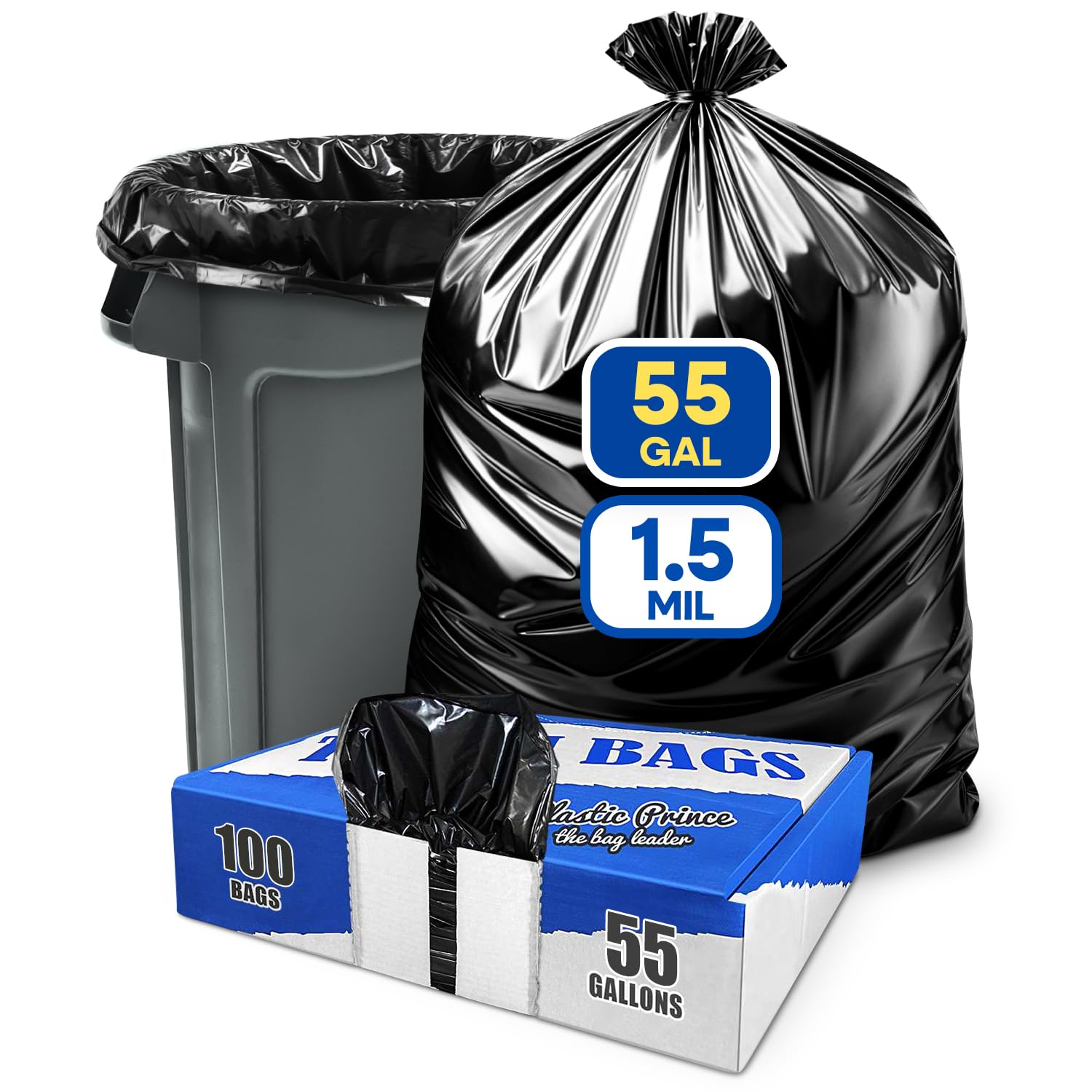 38" x 58" 60 Gal 1.5 Mil Black Trash Bags, 100/Case