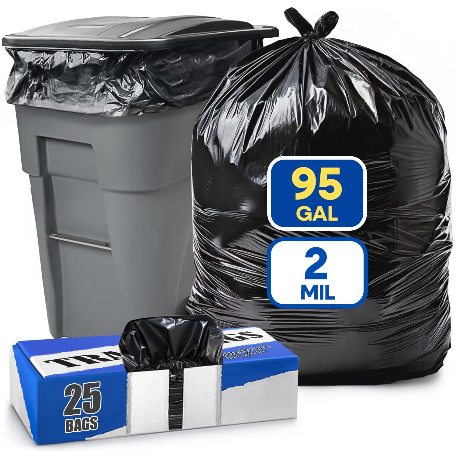 32" x 29" x 68" (61" x 68") 95 Gal 2 Mil Black Trash Bags, 25/Case