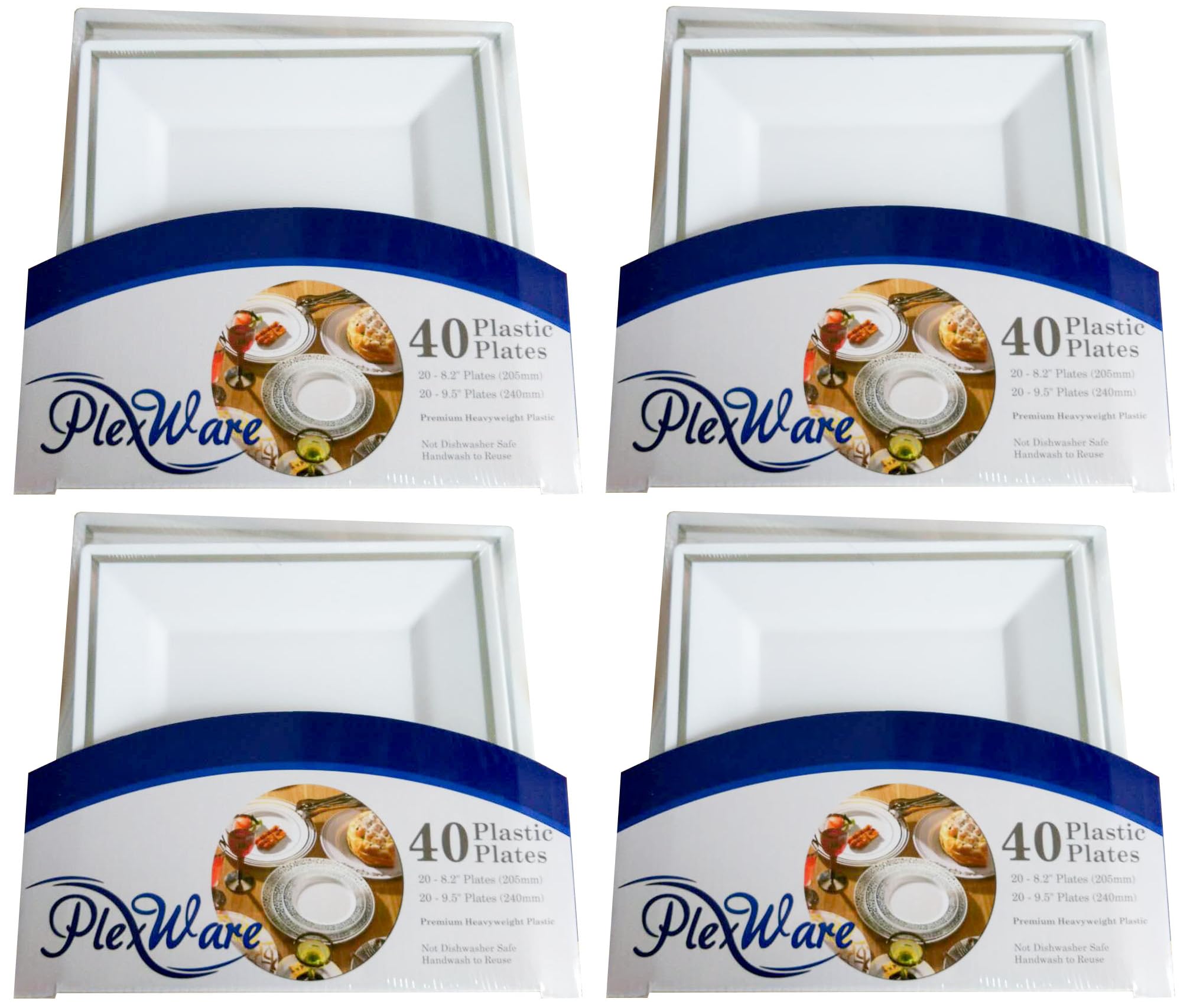 40-piece Set Square White Plates with Silver Rim, 20 Piece 8.2" & 20 Piece 9.5", 4/Case