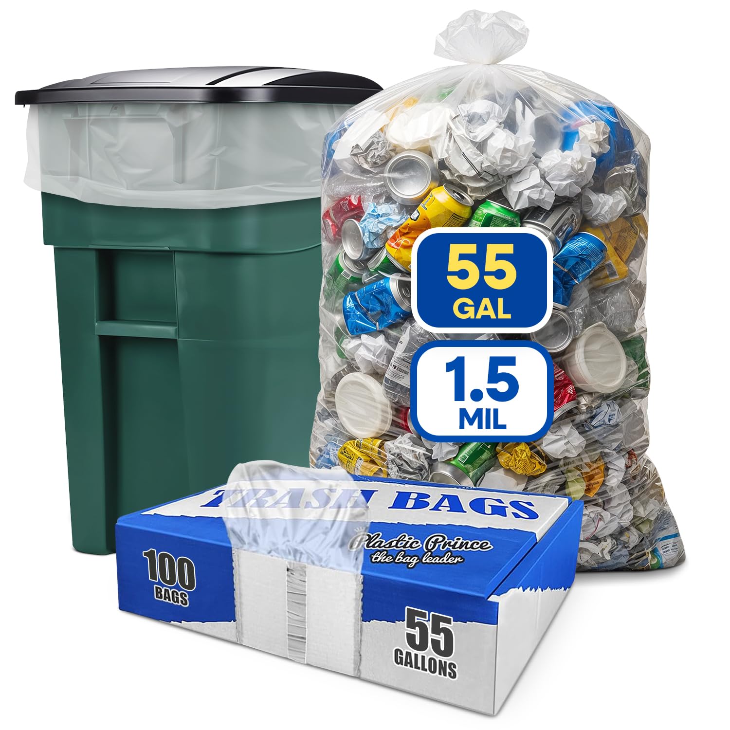 43" x 47" 56 Gal 2 Mil Clear Trash Bags, 100/Case