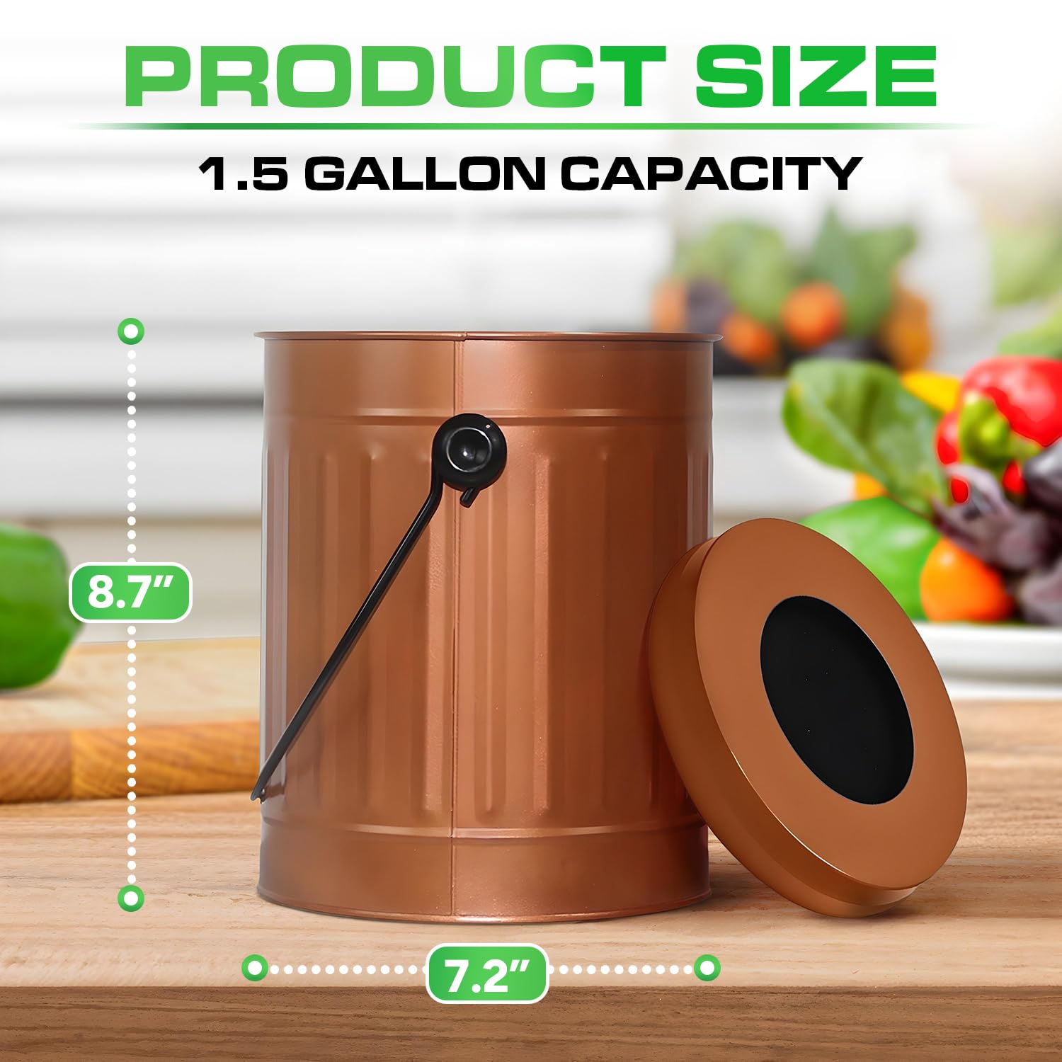 1.5 Gallon Bronze Metal Compost Bin with Airflow Lid and One Charcoal Filter