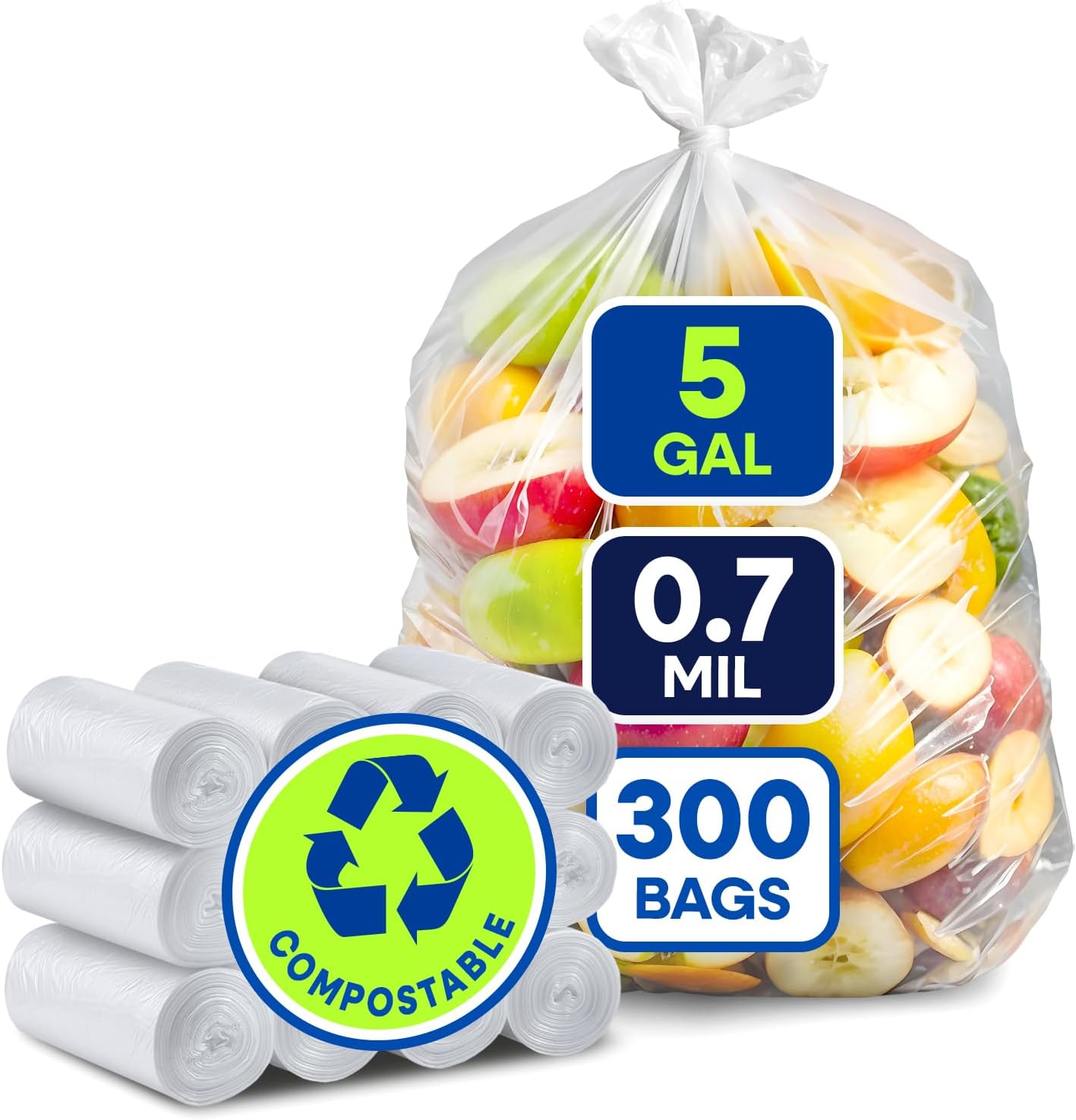 19.5" x 23", 5 Gallon, 0.7 Mic, Clear Compostable Can Liner, 12 Rolls of 25/Roll, 300/Case