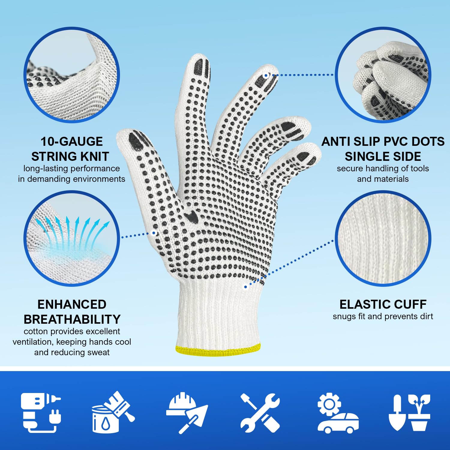 Size 9 Medium White String Knit Work Gloves with Black PVC Dots On Both Sides, 144 Pairs/Case