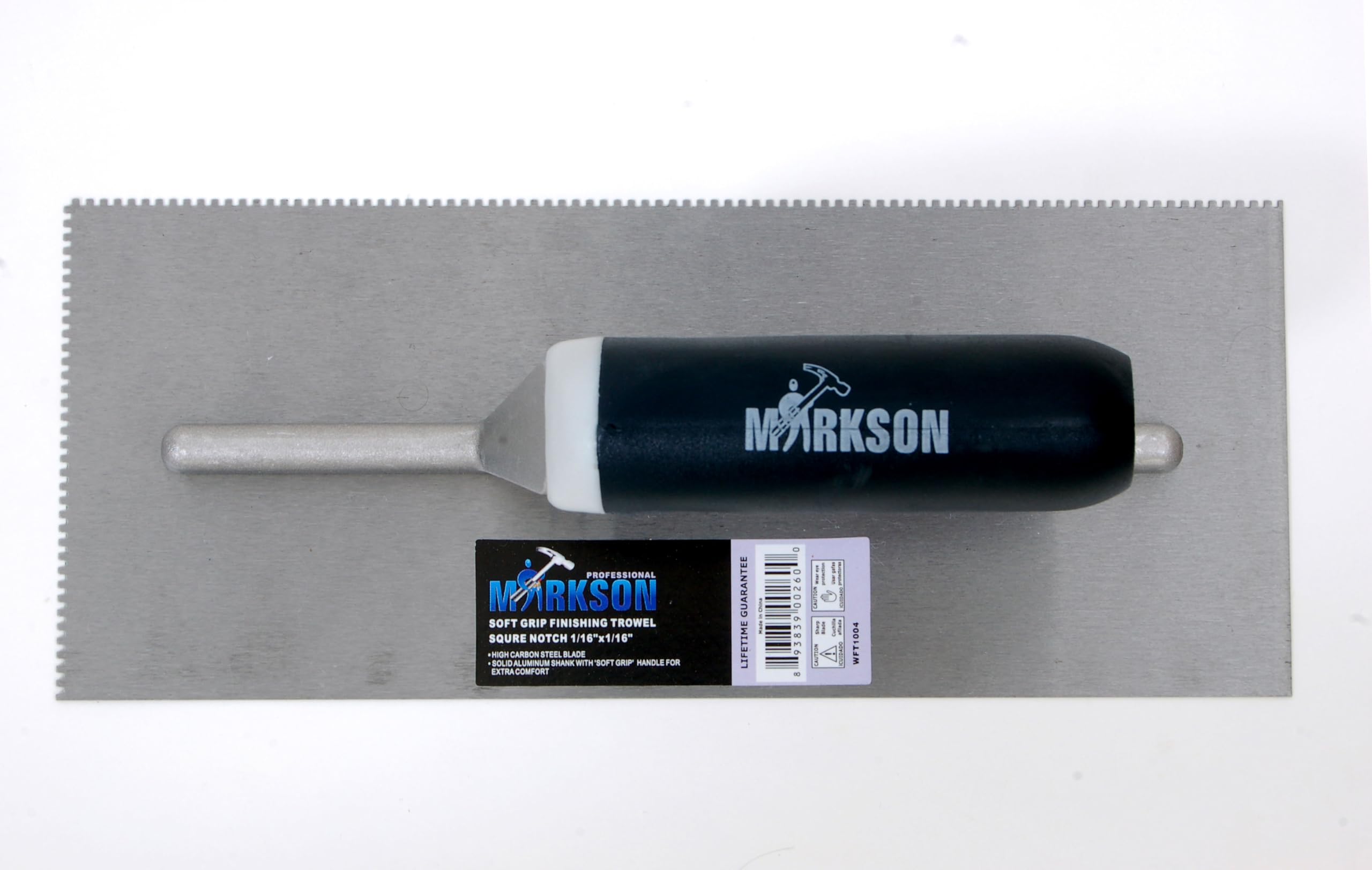Soft Grip Handle High Carbon Steel Finishing Trowel, Square Notch 1/16" x 1/16"