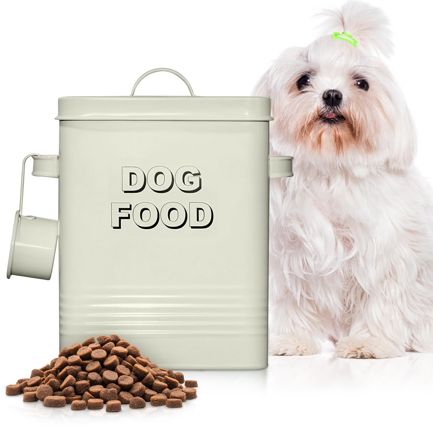 5 lb Square Beige Metal Pet Food Storage Container with Handles and Scoop
