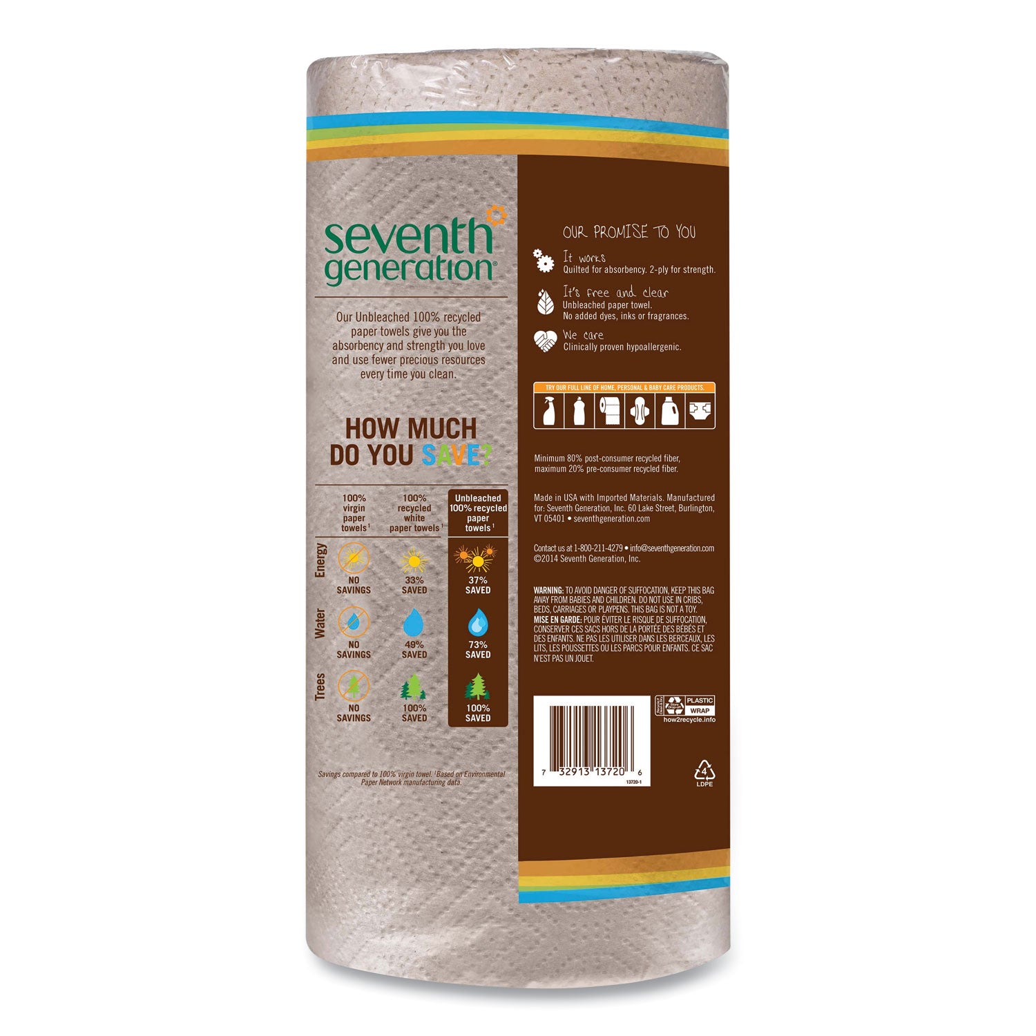 Natural Unbleached 100% Recycled Paper Kitchen Towel Rolls, 2-Ply, Individually Wrapped, 11 x 9, 120/Roll, 30 Rolls/Carton -